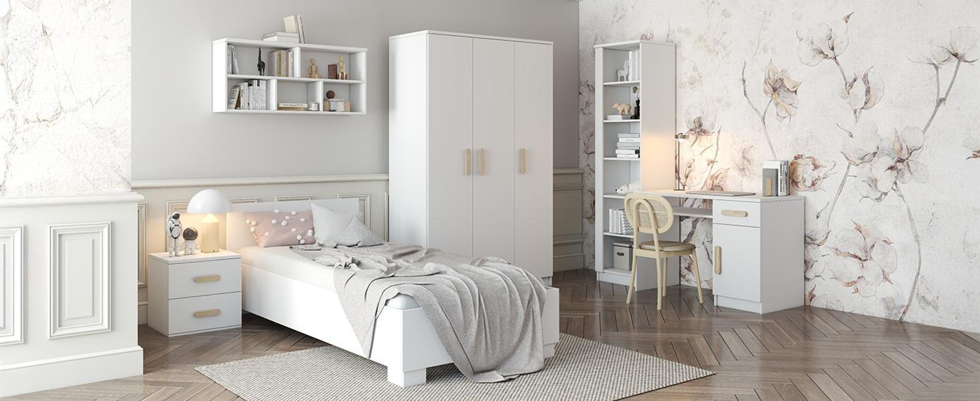Drehtürenschrank, Kinderkleiderschrank 120 cm Weiß/Weiß, rosane Griffe JONAS I 19