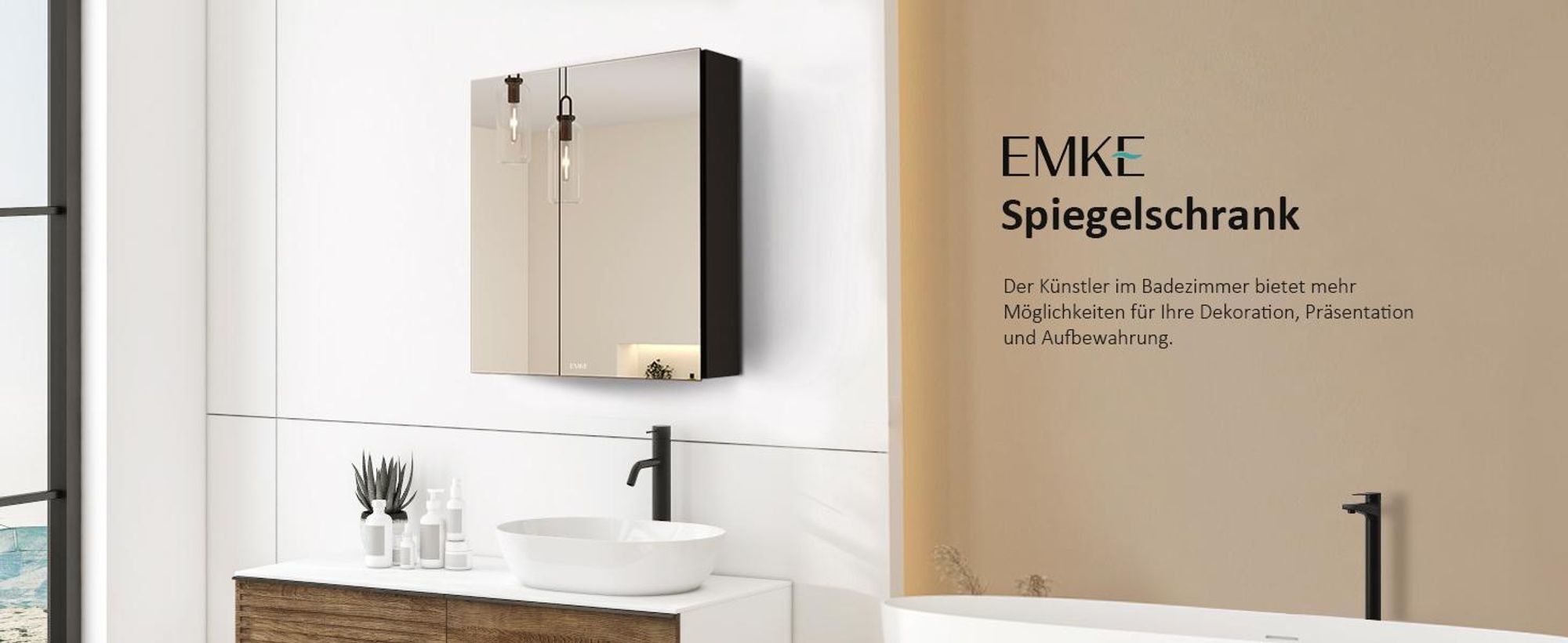 EMKE Spiegelschrank Bad 600x650mm, Aluminium Badezimmerschrank mit 2 Türen, Verstellbar Regal Badschrank Schwarz, Rostfrei & Soft-Close Scharniere