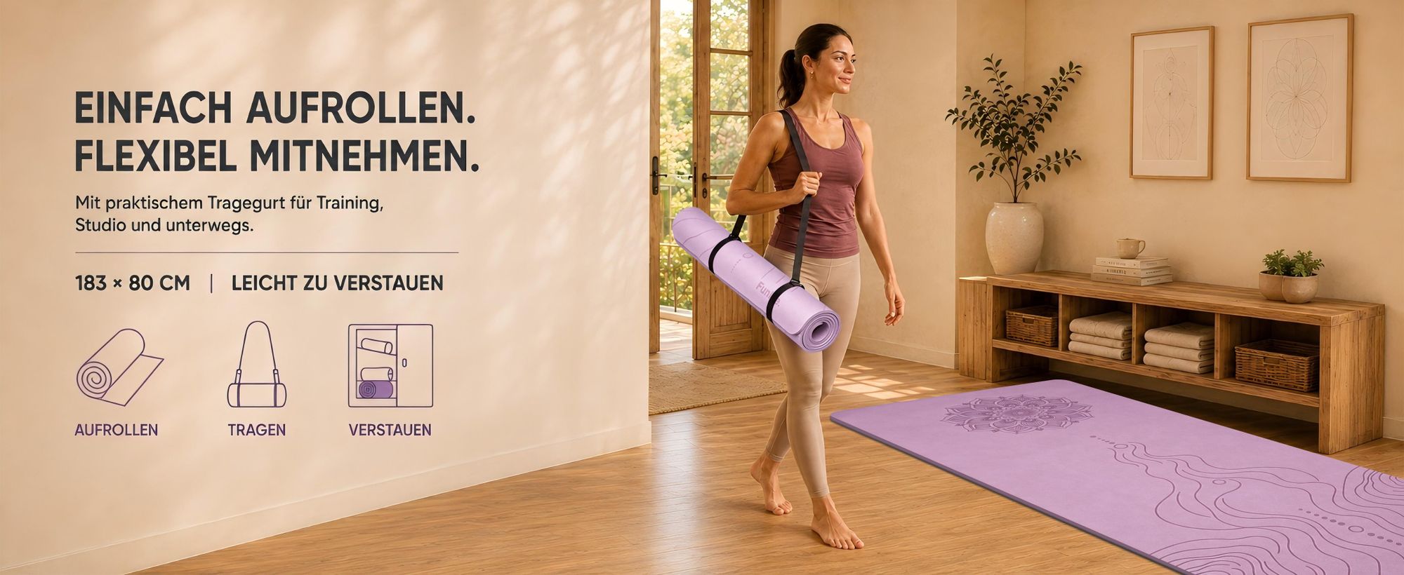FunLife Yogamatte 183 × 80 cm, einfach aufrollbar und mit Tragegurt bequem zu transportieren.