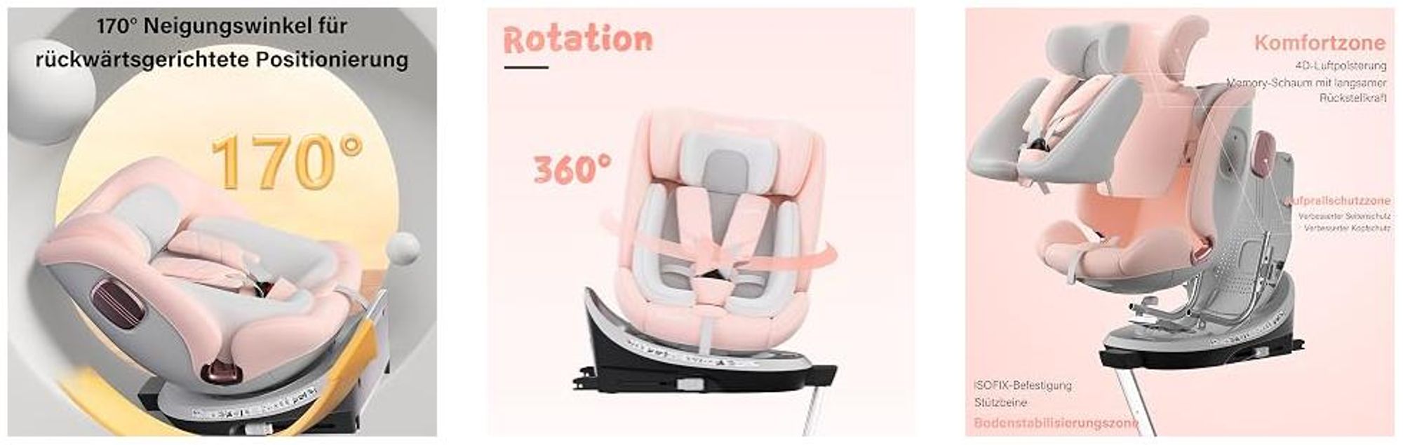 DEWINNER Kindersitz 360°Drehbar, Kinderautositz I-Size, Gruppe 0+/1/2/3 für Autos mit ISOFIX, Reboarder ab Geburt -12 Jahre (40-150 cm), 0-36 kg, PINK