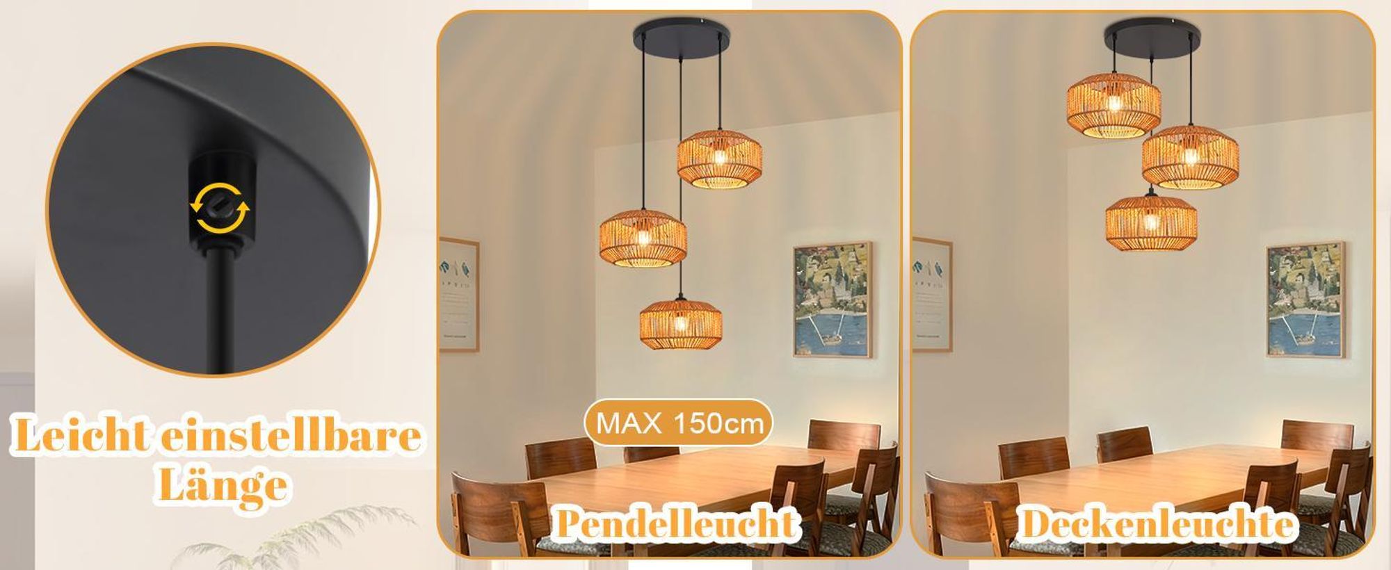 ZMH lampa wisząca boho lampa wisząca rattanowa lampa wisząca lampa wisząca z regulacją wysokości lampa wisząca jadalnia 3 płomienie lampa stołowa retro z gniazdem E27
