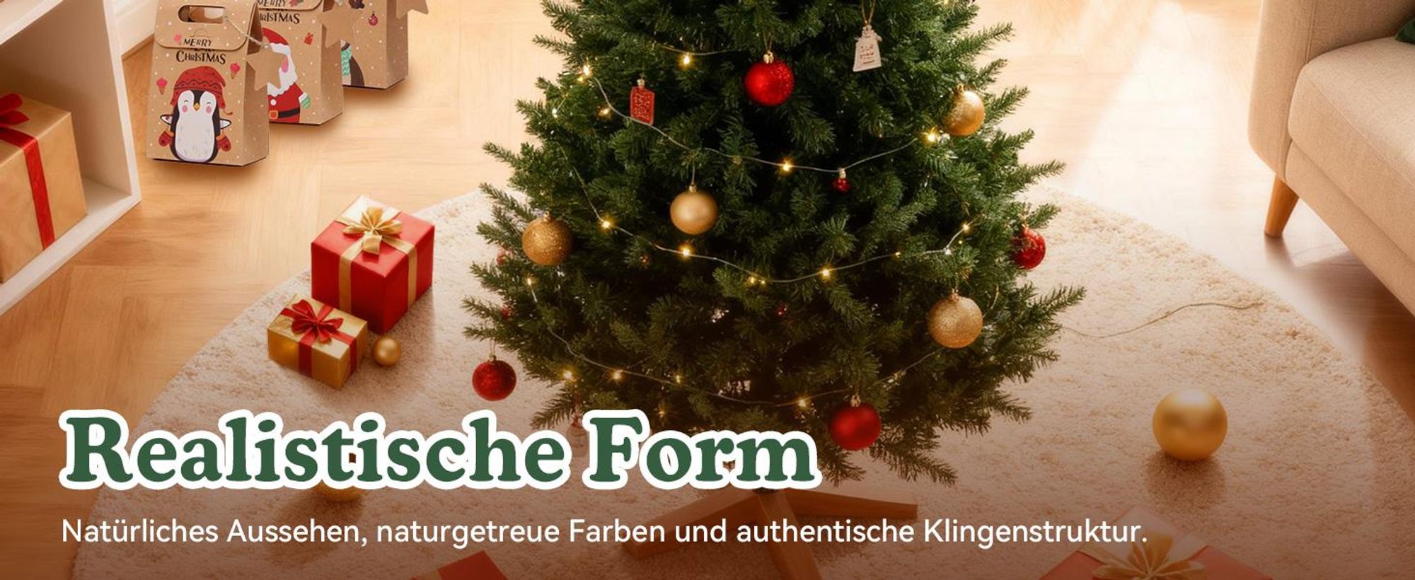 Künstlicher Weihnachtsbaum DEWINNER 180 cm,, Holzständer, Einstellbare PE/PVC-Zweige, Extra Dicht und Realistisch, Einfacher Aufbau