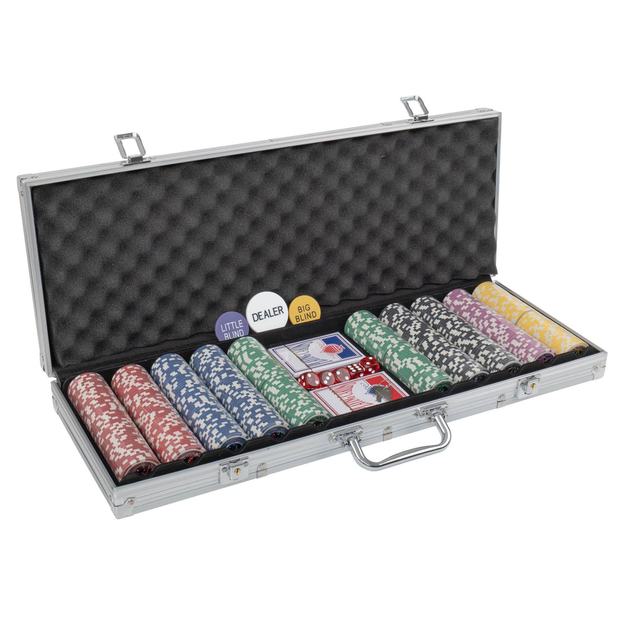Poker Set Premium 500 Chips 11,5g mit Metallkern – 6 Wertstufen, Aluminium Koffer, 2 Kartendecks & Zubehör