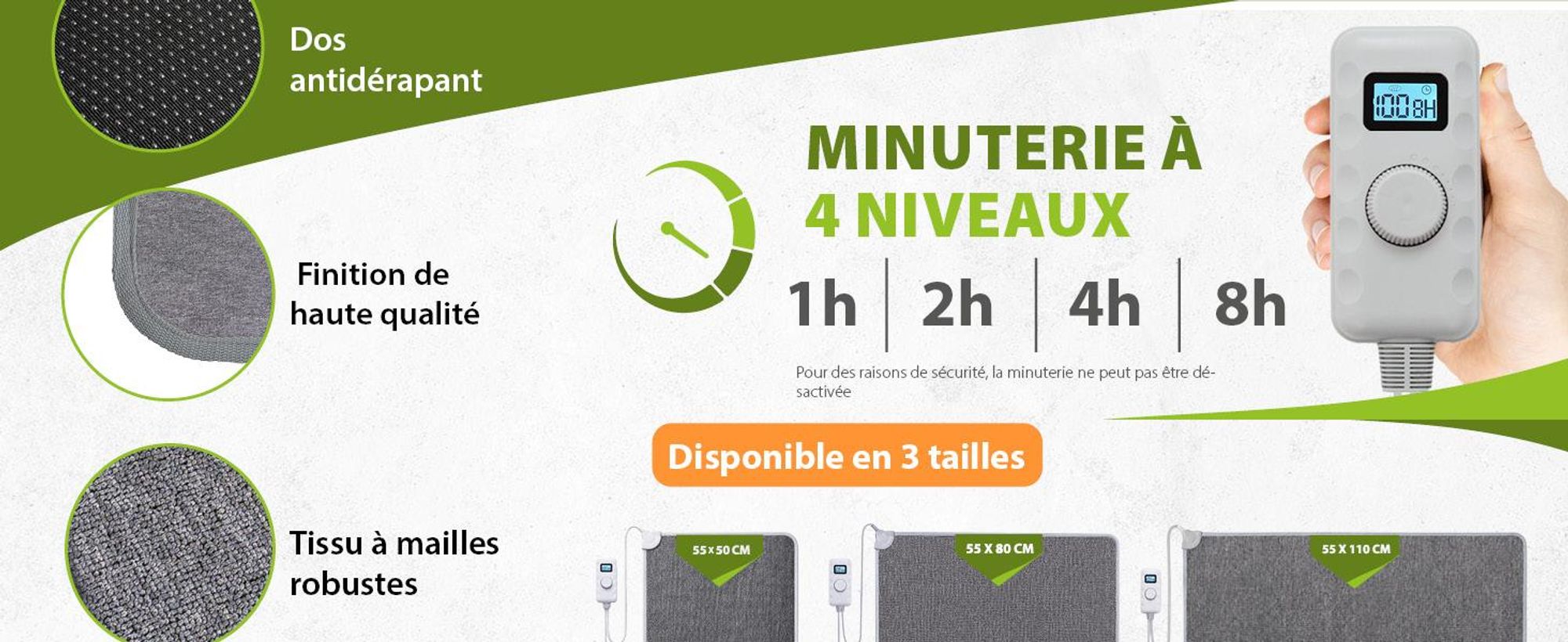 Tapis chauffant Warm Feet 55x80cm tapis infrarouge tapis chauffant infrarouge pour les pieds 40° gris avec minuterie