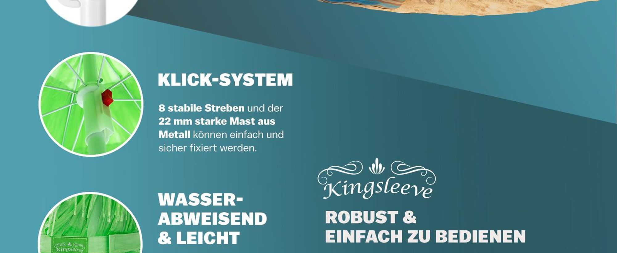 KINGSLEEVE® Sonnenschirm Hawaii Ø160cm Neigbar Höhenverstellbar UV Schutz 30+ Groß Rund Balkon Strand Strohschirm Strandschirm Bast Hawaiischirm Grün