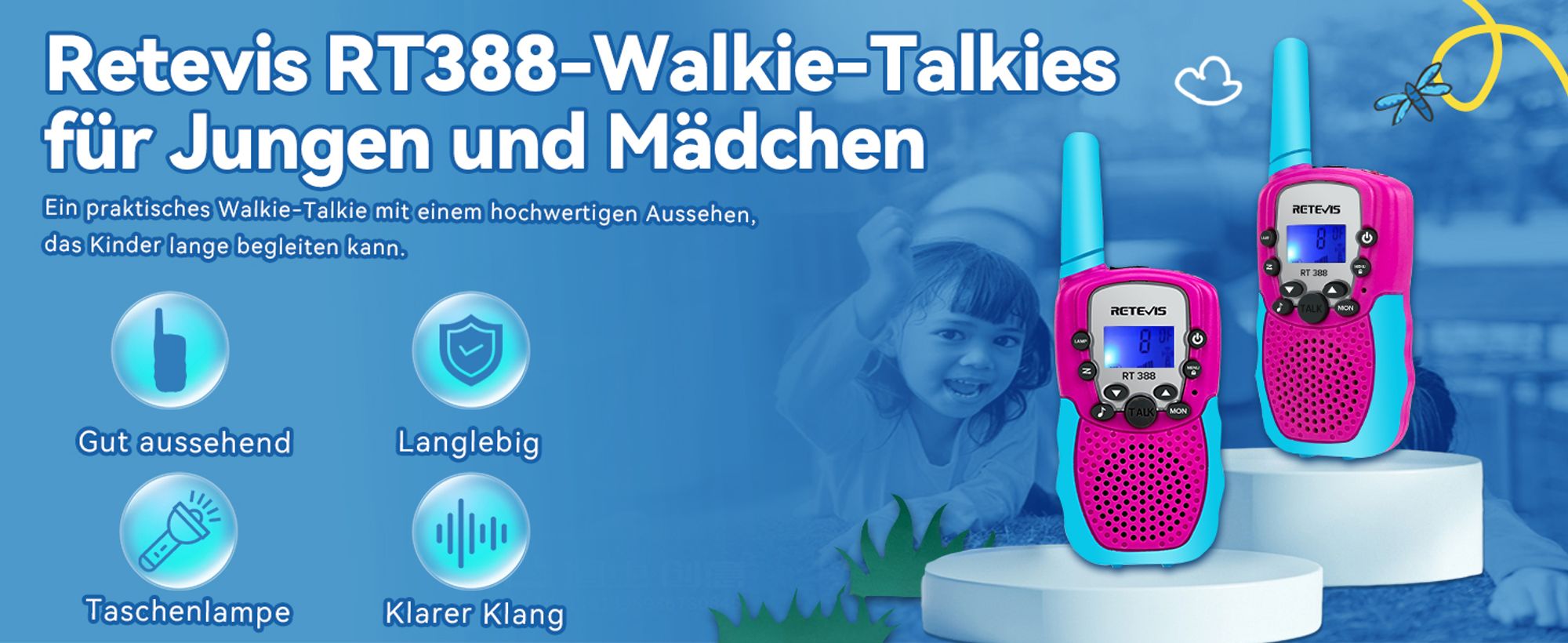 Retevis RT388 Walkie Talkie Kinder, Geschenke für Kinder ab 4-12 jahre, VOX, 10 Ruftöne, DCS/CTCSS, Spielzeug mit Taschen für Camping