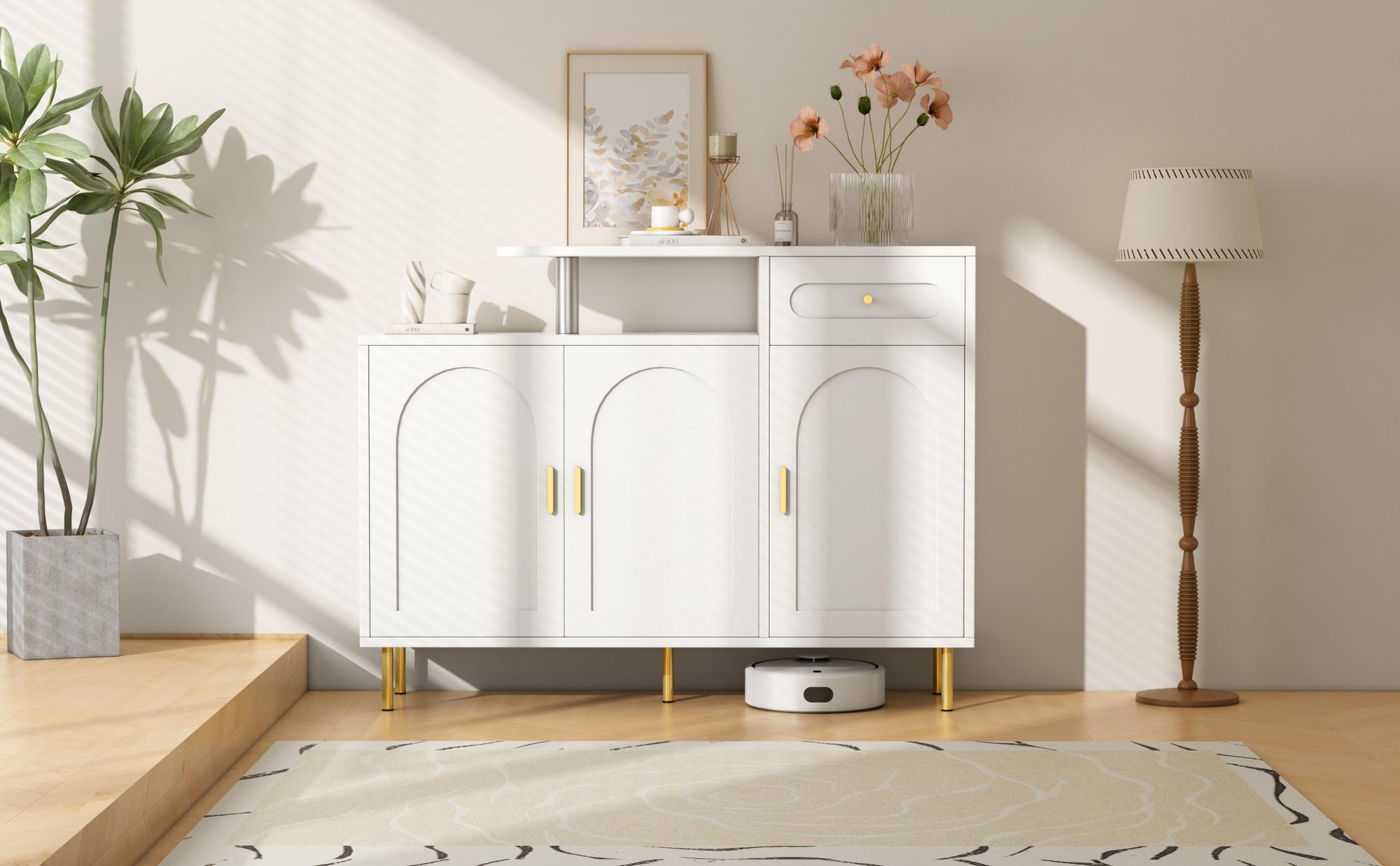 Merax Schuhschrank, Kommode mit 3 Türen und Schublade, Aufbewahrungsschrank mit Metallgriffen und Füßen, Sideboard, Flur Wohnzimmer Möbel, Weiß