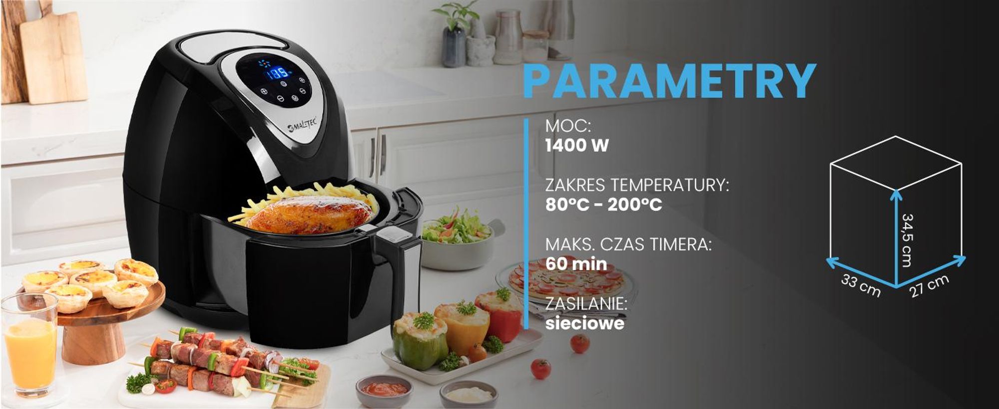 Frytkownica beztłuszczowa z pojemnikiem 4,3 litra i siedmiowa programami