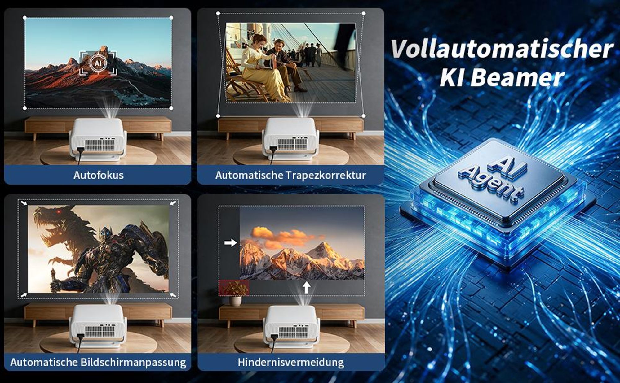 Beamer 4K, offizielle Netflix-, KI-Autofokus & automatische Trapezkorrektur, 800 ANSI, 1080P Full HD, WiFi6 Bluetooth Smart Projektor