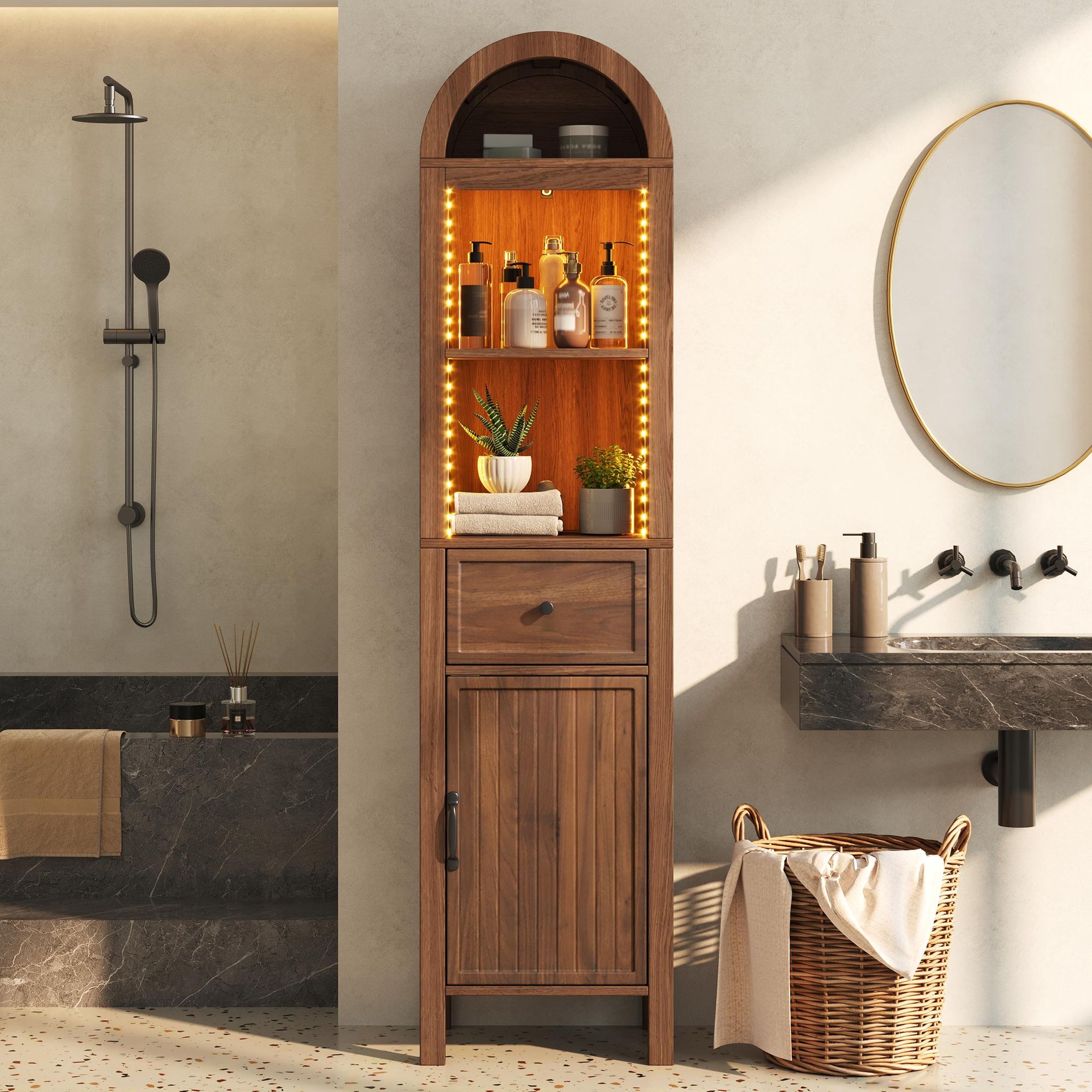 Merax Badezimmerschrank mit LED, Badschrank Hochschrank mit verstellbaren Böden, Kommode mit Schublade aus MDF, Soft-Close, bogenförmig, Walnussfarbe