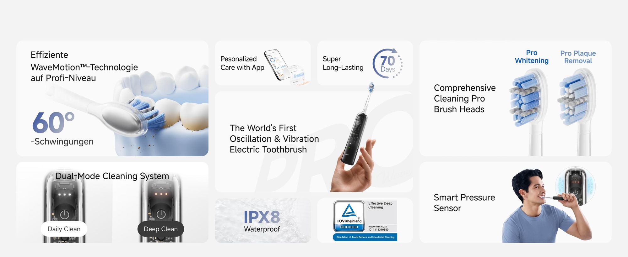 Laifen Wave Pro Elektrische Schallzahnbürste mit App, Drucksensor, 70 Tage Akku, kabelloses Laden und intelligenter Reinigungstechnologie-transparent