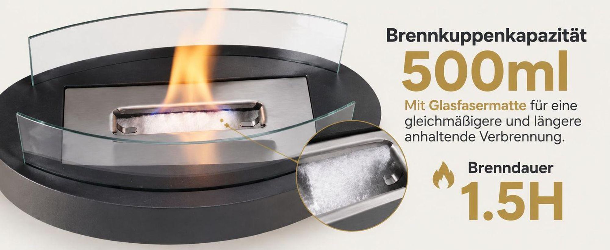 Chimenea de bioetanol ZMH, modelo de mesa oval, 35 cm de diámetro, fabricada en acero inoxidable. Duración de la combustión: 1,5 horas. Chimenea de vidrio con fuego artificial, apta para interiores y exteriores. Fuego decorativo