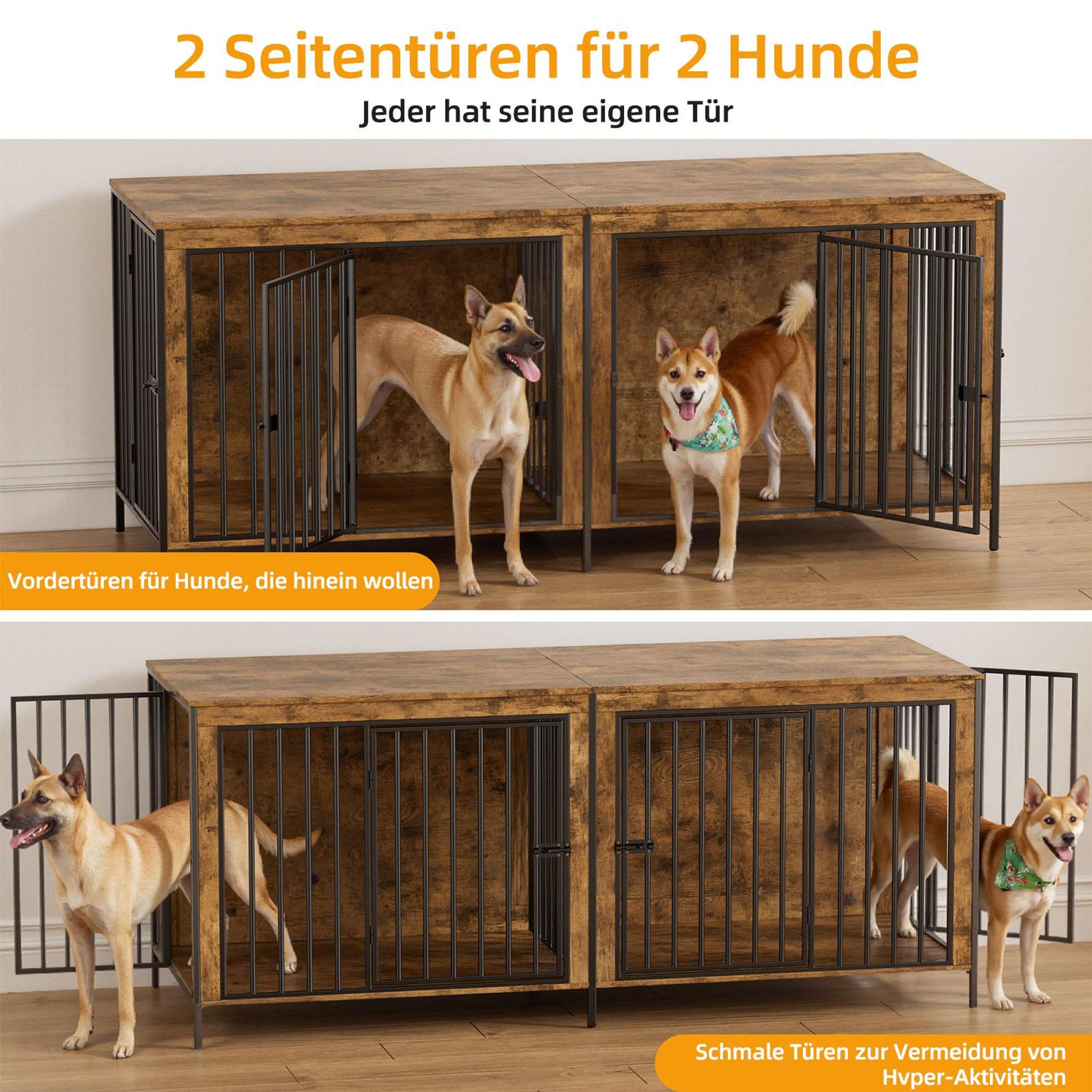 Hundekäfig mit 4 Türen 2 Hunde mit Trennwand, 200*70*85CM Hundebox Hundehaus mit Tischoberfläche, XXL Stabile Hundehütte für große Hunde, bis zu 200KG
