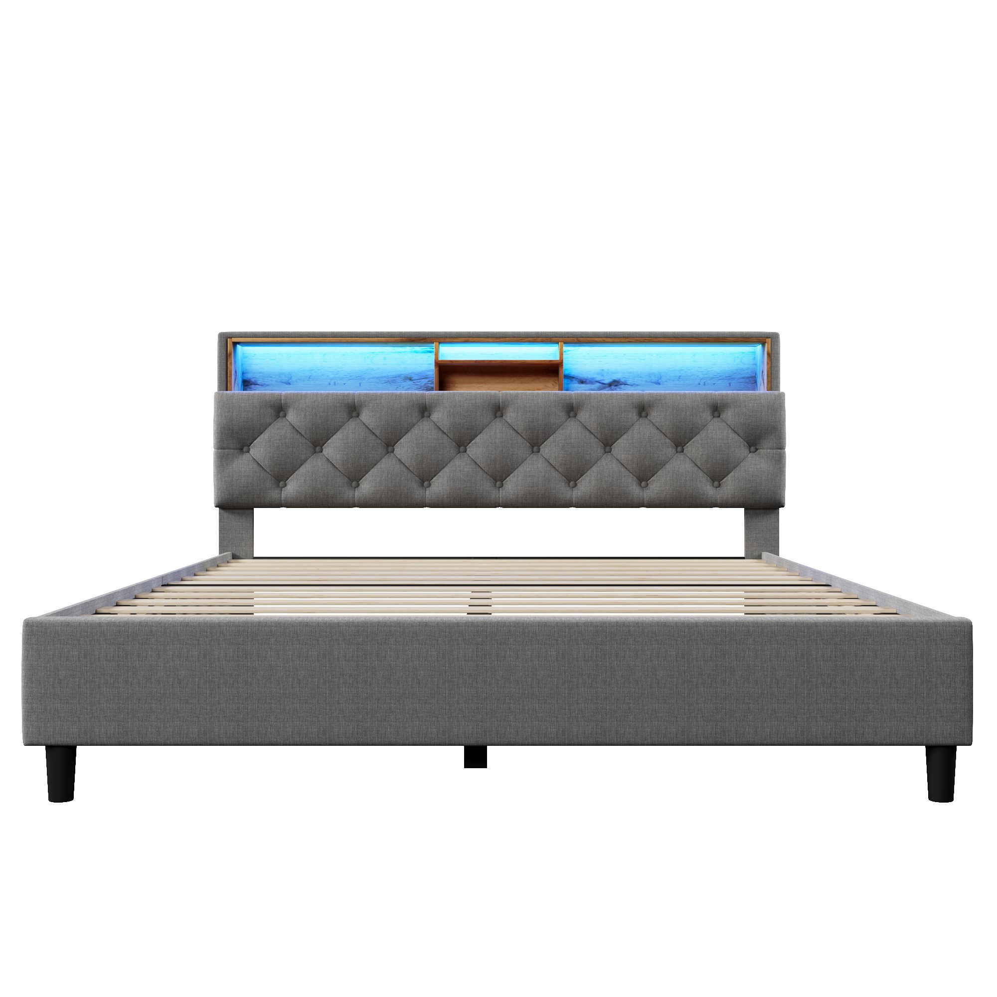 Flieks Polsterbett Massivholzbett 140x200cm mit Led und Kopfteil mit Stauraum, Doppelbett mit Lattenrost Jugendbett Ehebett