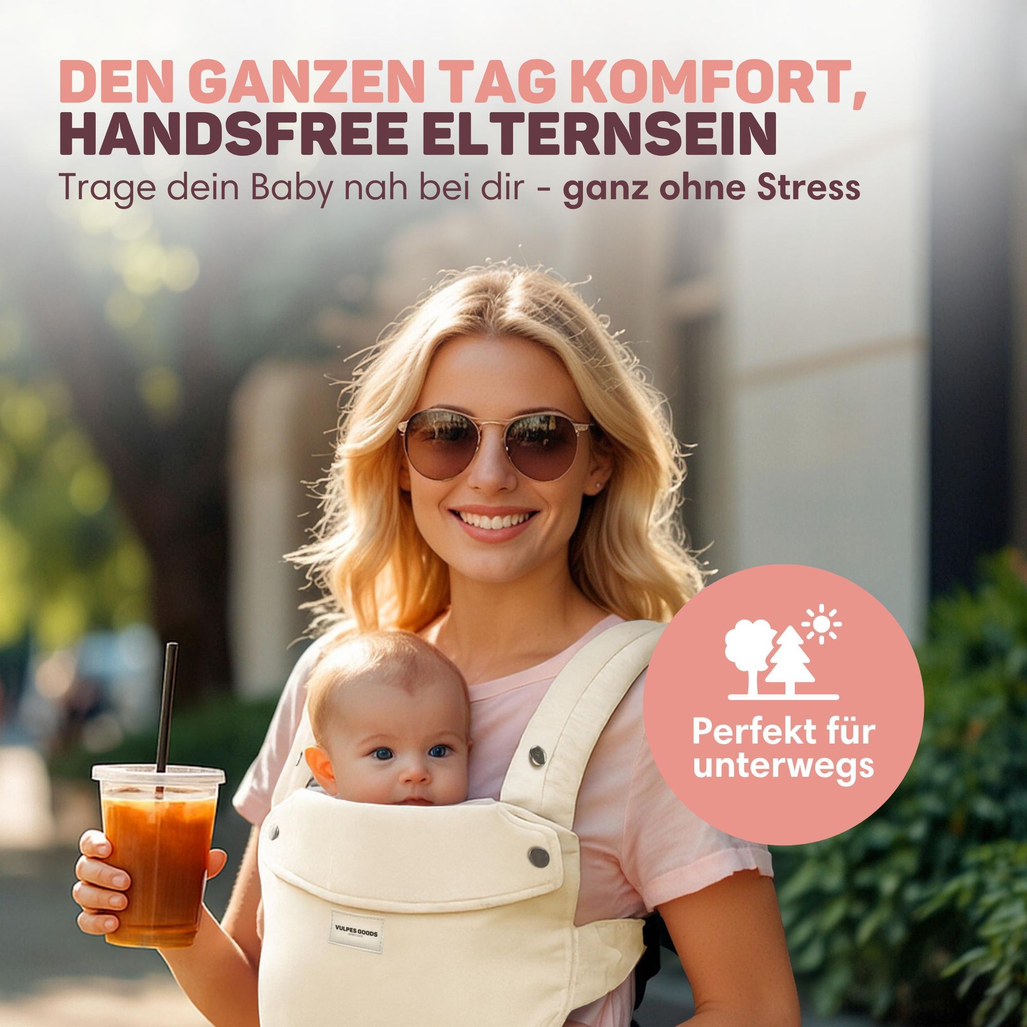 Vulpes Goods Babytrage, Luxus-Bauchtrage bis 20 kg,  Baumwolle, Freihändiger Komfort, Mit Rückenstütze & M-Position