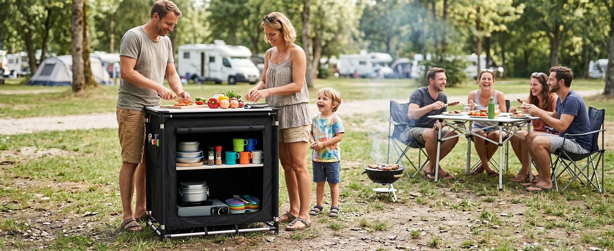 Sekey Campingküche Premium mit Aluminiumgestell und Aluminium-Arbeitsplatte Faltbar 76 x 52 x 77 cm, Schwarz