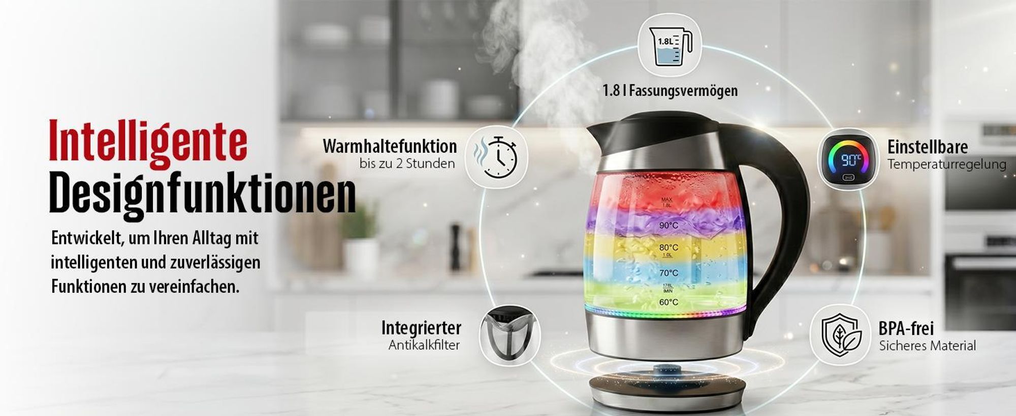 WINLIFE Glaswasserkocher Edelstahl 1,8 Liter Temperatureinstellung Temperaturwahl 60, 70, 80, 90, 100°C Farbwechsel LED| Teekessel Glaswasserkocher mit Warmhaltefunktion