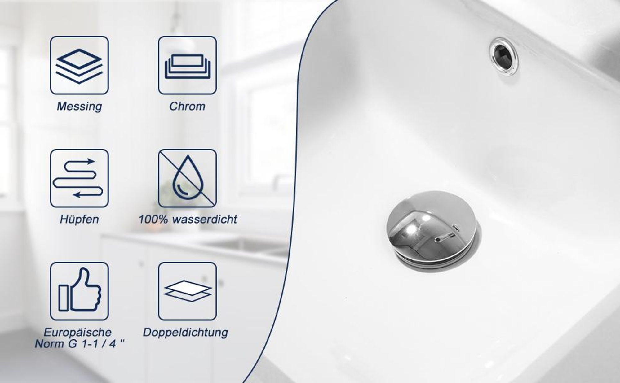 Homelody Chrom Wasserhahn Bad mit Universal Ablaufgarnitur Armatur Mischbatterie Waschbeckenarmatur mit Pop-Up Ventil Messing Überlauf Abflussgarnitur