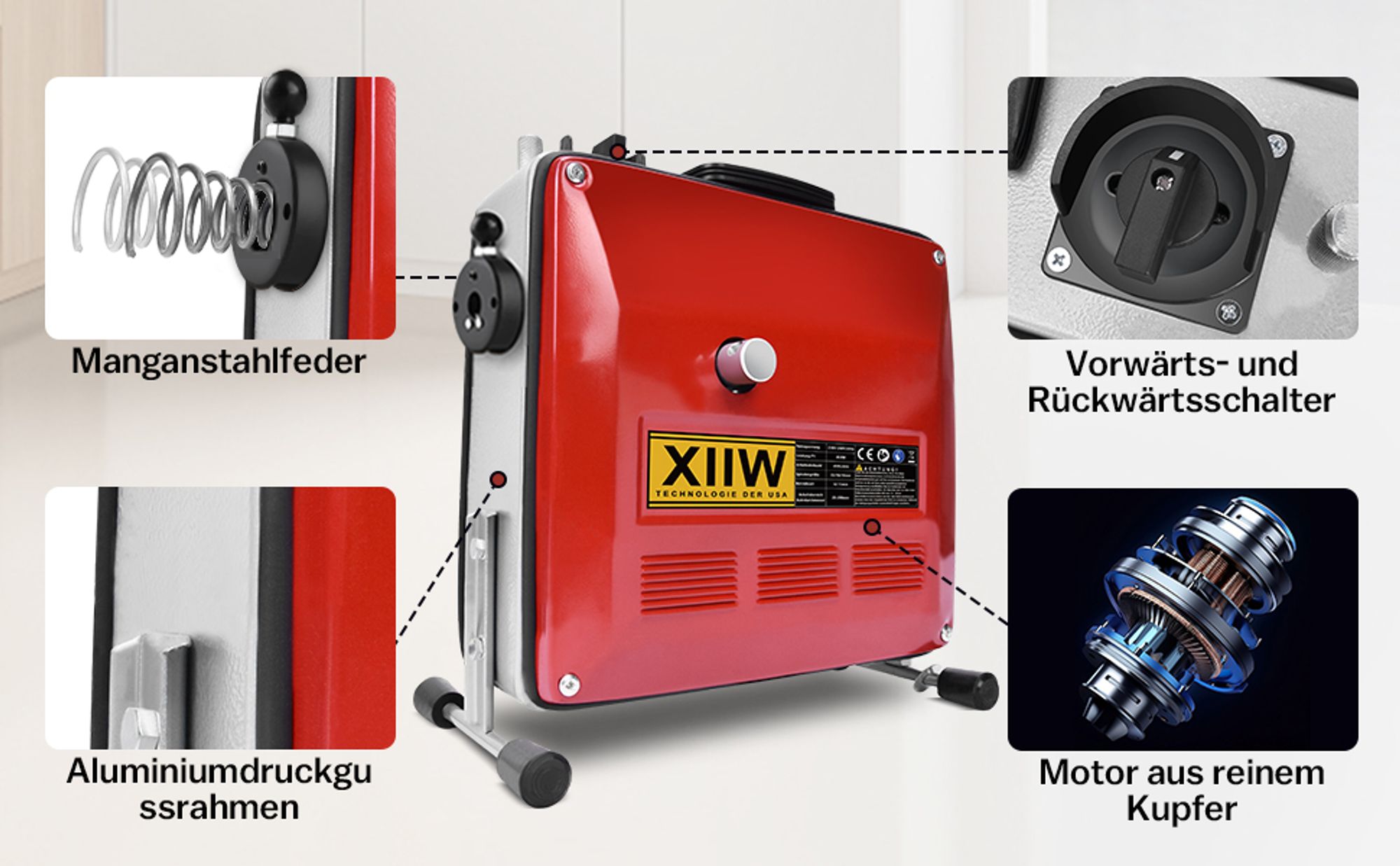 Rohrreinigungsmaschine 850W mit 21m Ø22mm,14.5m Ø16mm, 5m Ø10mm Spirale für Ø20-200mm, Rohrreinigungsgerät 450U/M Elektrische Abflussreiniger
