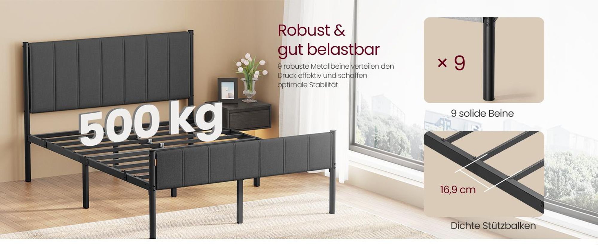 VASAGLE Doppelbett, Bettgestell, 140 x 200 cm, mit gepolstertem Kopfteil, Bettrahmen, Stahl, trägt bis zu 500 kg, grau