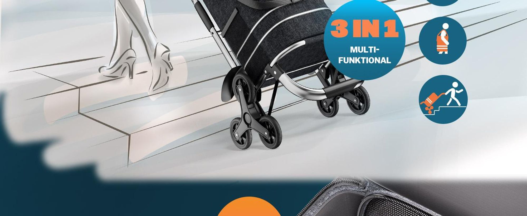 MONZANA® 3in1 Einkaufstrolley 56L bis 50 kg klappbar abnehmbare Tasche 6 Rollen Tragegurt Treppensteiger Einkaufswagen Einkaufshilfe Trolley Grau Meliert