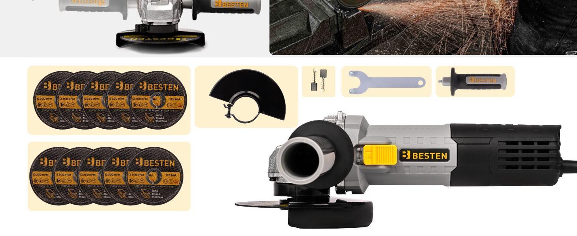 Winkelschleifer 125 mm 1300W, Drehzahlregelung, Softstart, 10× Trennscheiben