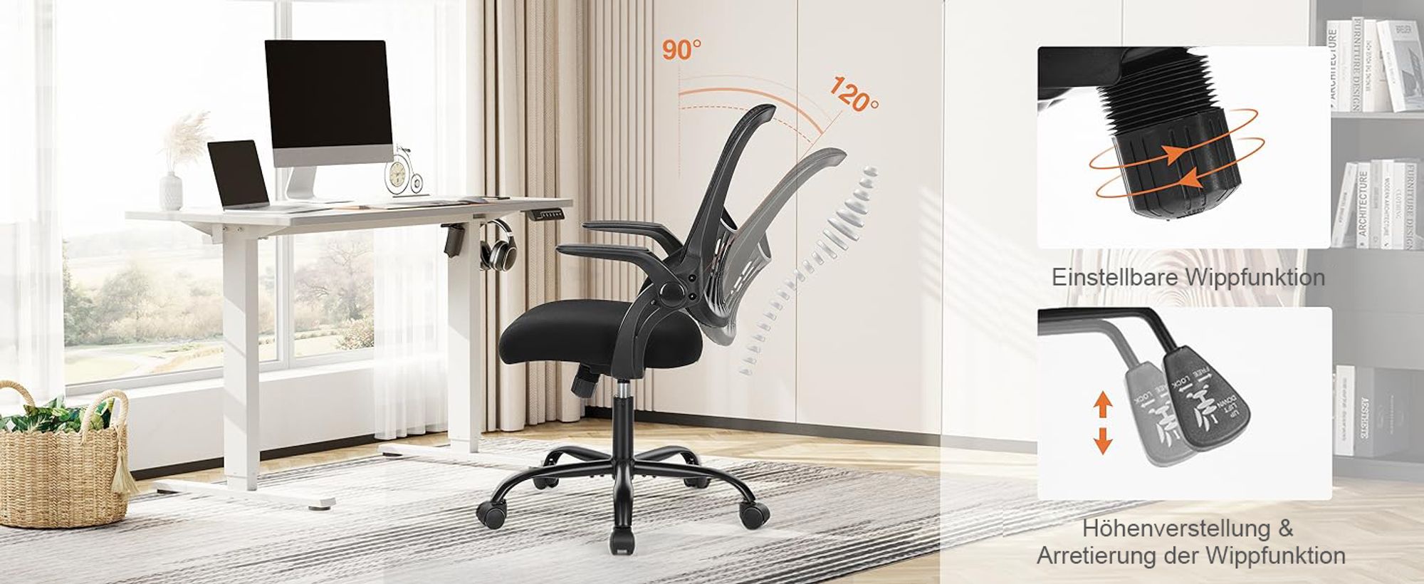 Bürostuhl Ergonomisch, Bürostuhl – Ergonomischer Sitz – Sessel mit 90° klappbarer Armlehne – Lordosenstütze – höhenverstellbar - Schwarz