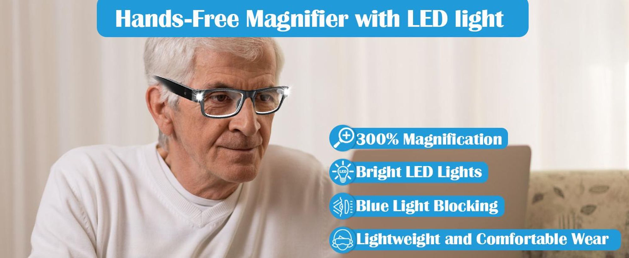 Lupenbrille mit Licht, Vergrößerungsbrille, USB Wiederaufladbare, für Senioren, Arbeiten im Nahbereich, Hobbys, Lesen, Basteln