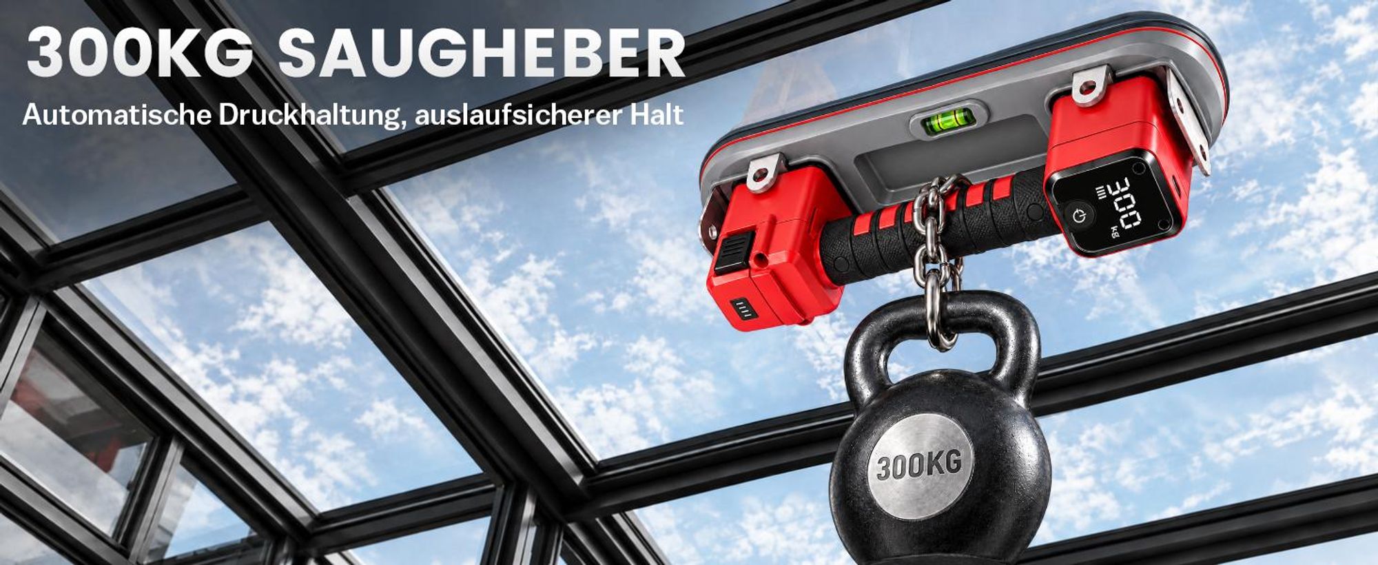 2x Akku Saugheber 26cm Elektrischer Nachsaugend Vakuum Saugnapf 300KG Saugkraft, 3×4Ah Akku LCD-Anzeige Plattenheber für Fliesen Glas Terrassenplatten