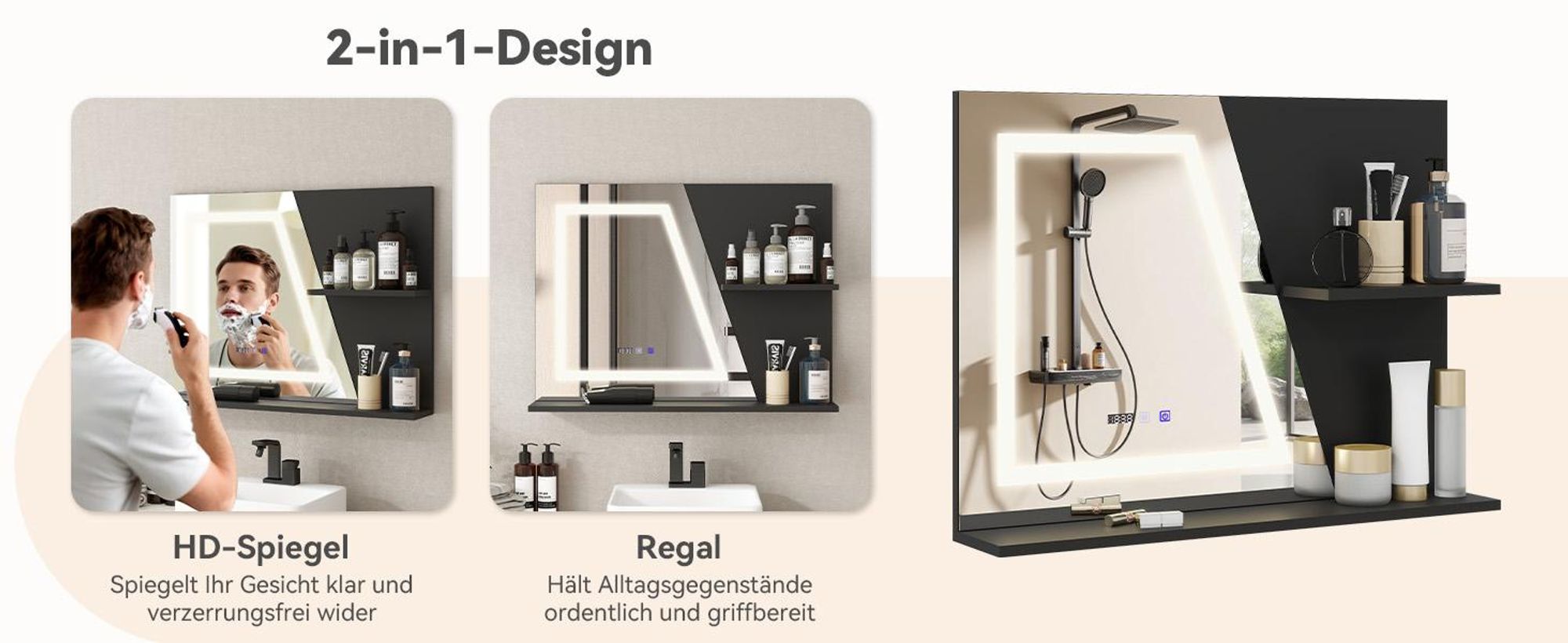 Puluomis Badspiegel 80x60, LED Badezimmerspiegel mit Doppelregal, 3 Farbtemperaturen dimmbar, Antibeschlag, Zeit und Temperaturanzeige beschlagfrei