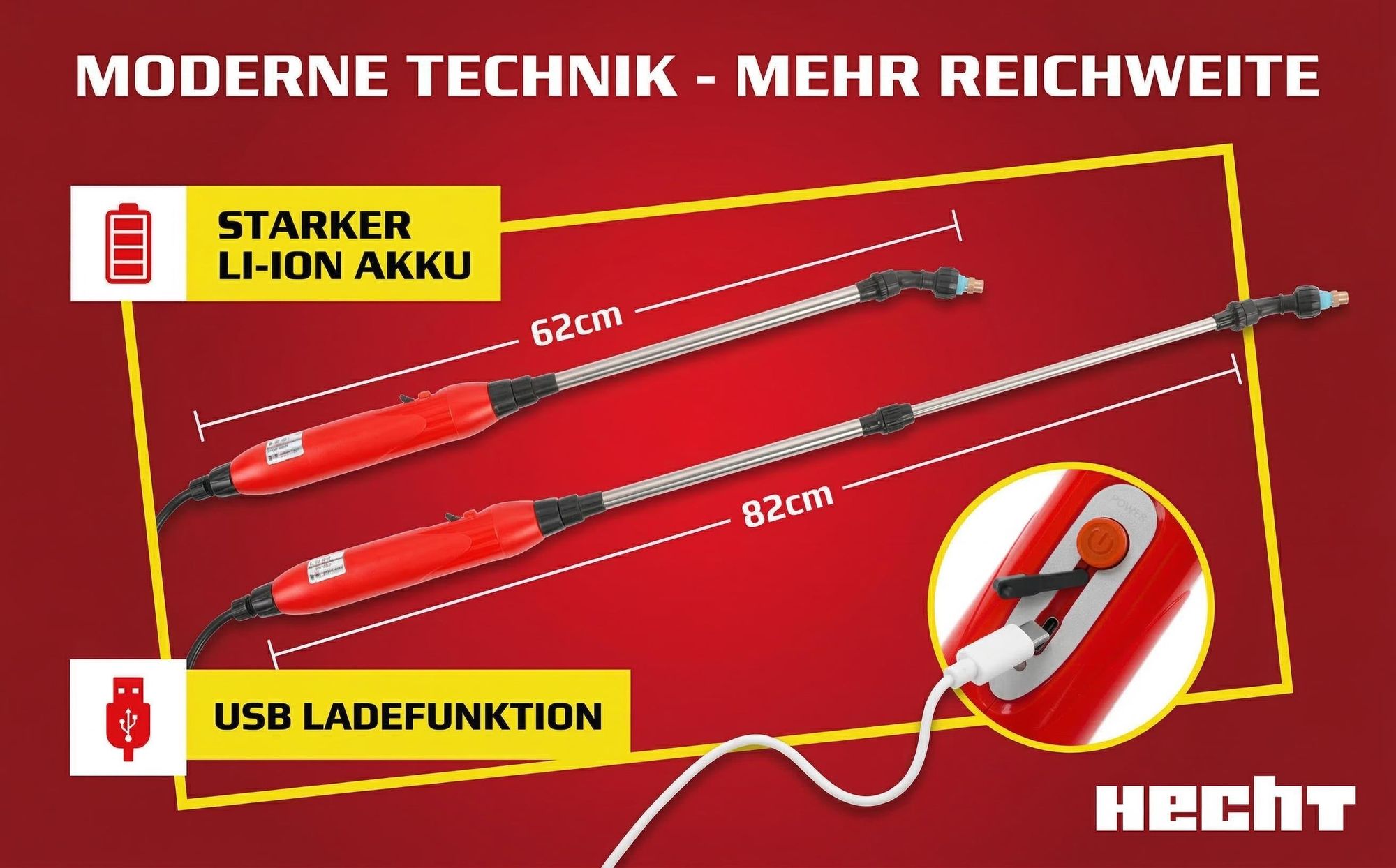 Drucksprüher Akku Gartenspritze HECHT 4050 | 5 Liter | 2,5 bar | Ausziehbare Teleskoplanze | Tragegurt & USB-Kabel 3,7V 2000mAh