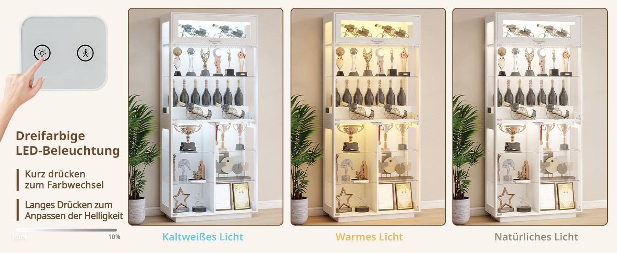Puluomis Vitrine Glasvitrine mit 3 Farbe Beleuchtung und Sessor, Vitrinenschrank grifflos, 80 x 35 x 180 cm, Präsentation für Wohnzimmer, Schlafzimmer