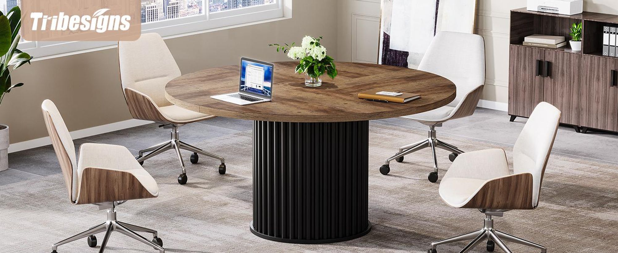 Tribesigns 120 cm runder Schreibtisch, für 4–6 Personen, Büroschreibtisch mit stabilem MDF + Metallbasis, perfekt für Konferenzräume, Braun + Schwarz