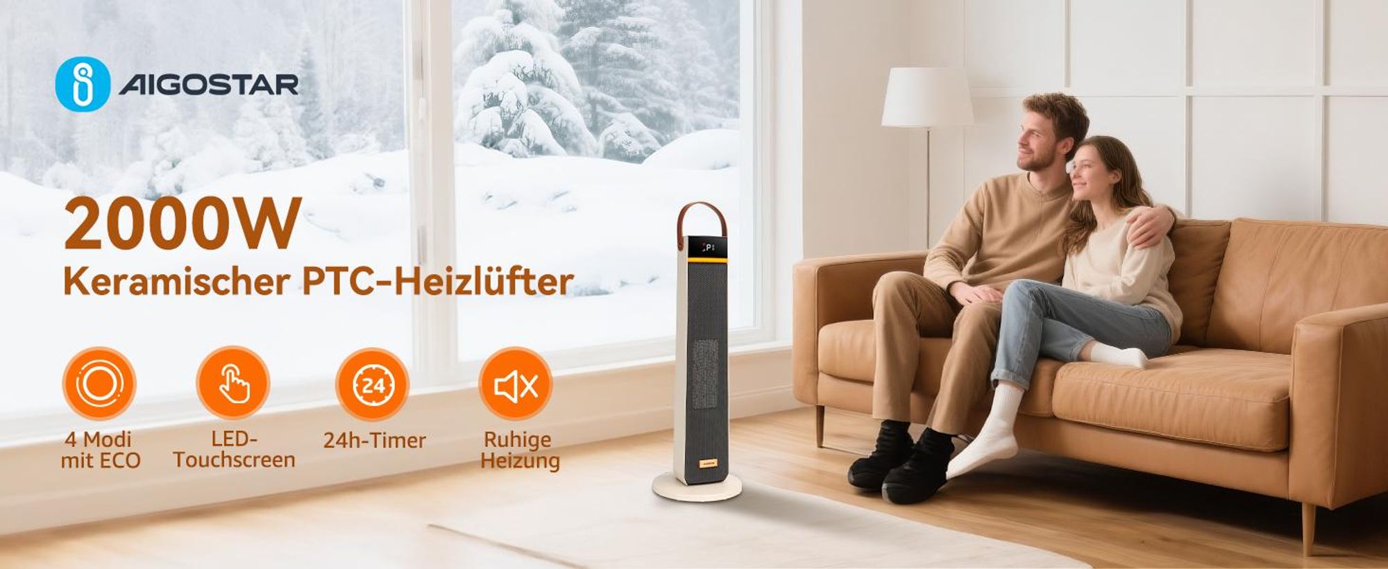 Aigostar 2000W PTC Keramik-Heizlüfter: Energiesparend, Fernbedienung, ECO-Modus, 24H-Timer, 75°-Oszillation, Schutzfunktionen, Weiß