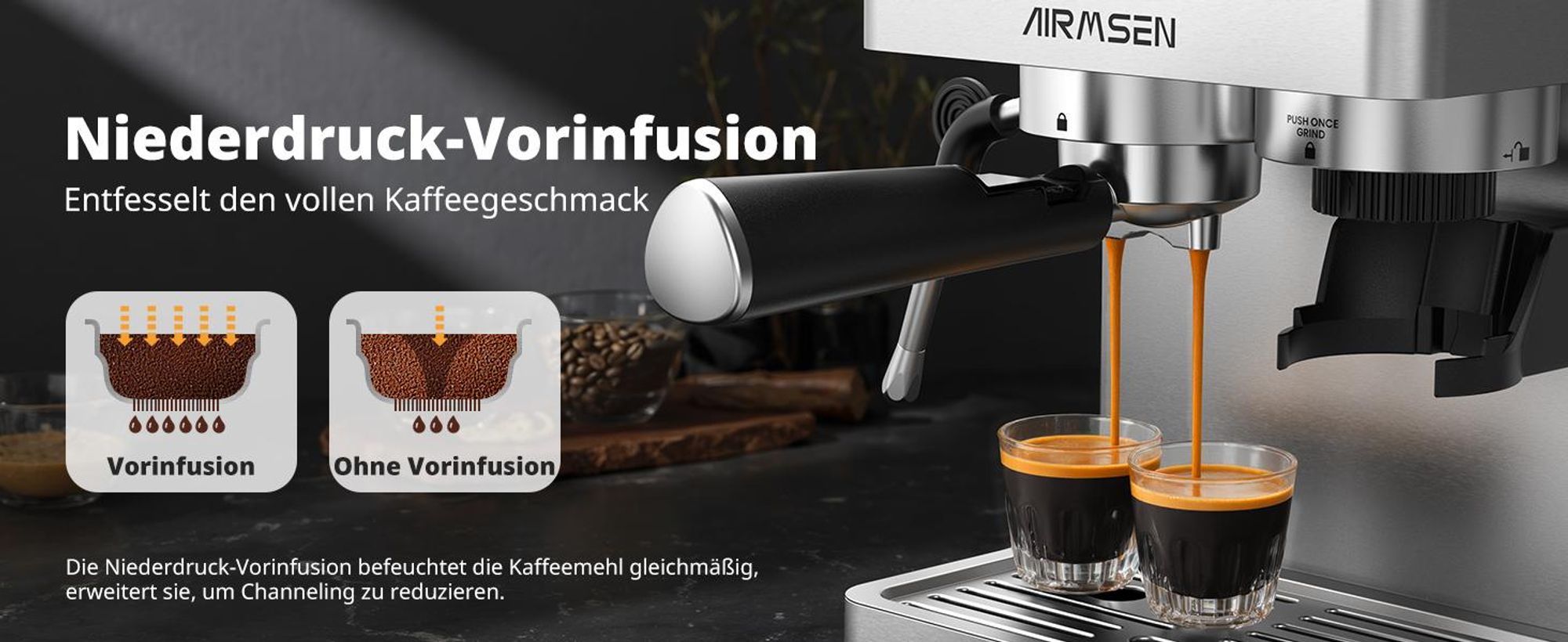 AIRMSEN Espressomaschine mit integriertem Mahlwerk, 20 Bar, Kaltbrühfunktion, individuell einstellbare Mahlgeschwindigkeit und Kaffeeflussmenge