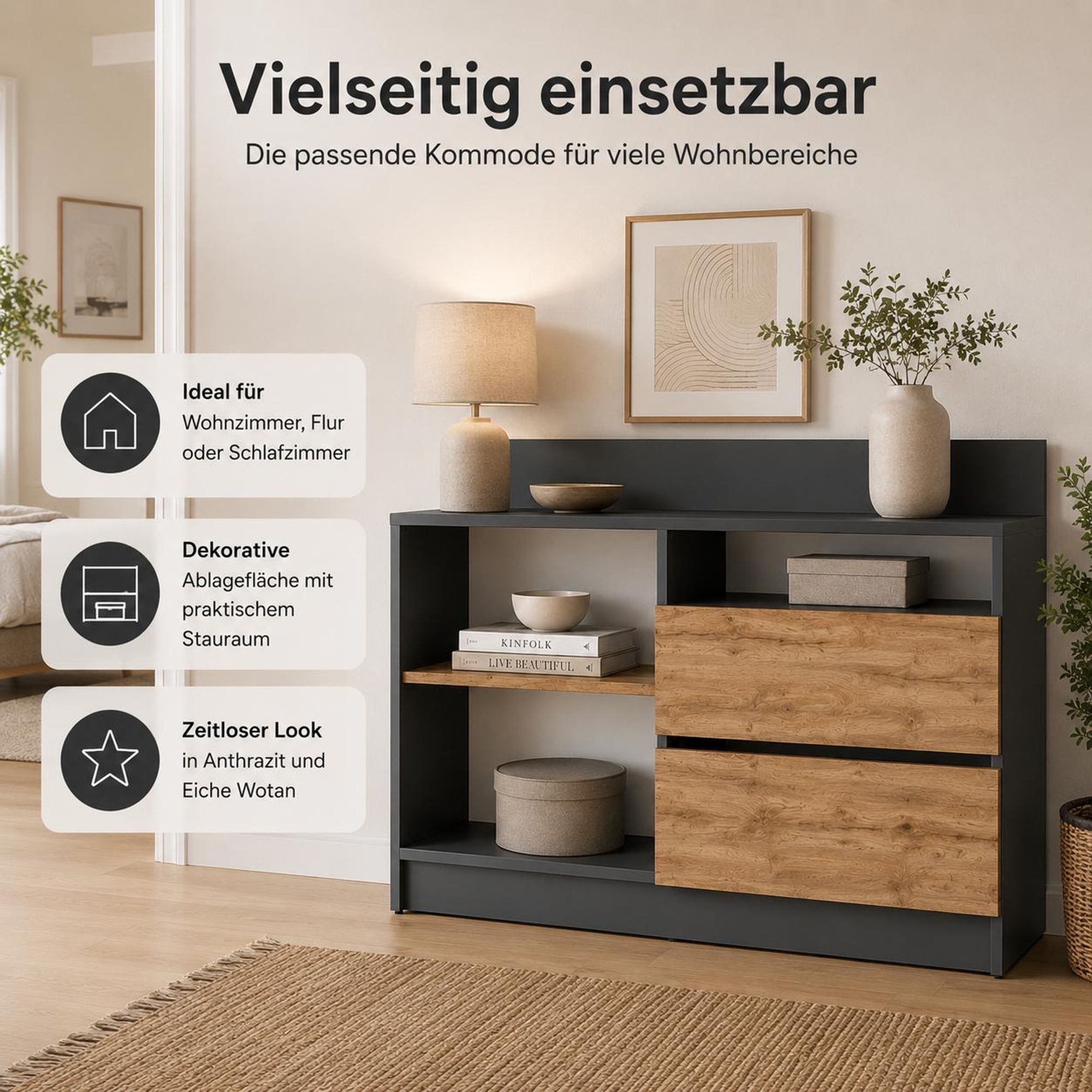 Details der Kommode: Anthrazit-Korpus, Eiche Wotan Fronten und Quadro-Führungen.