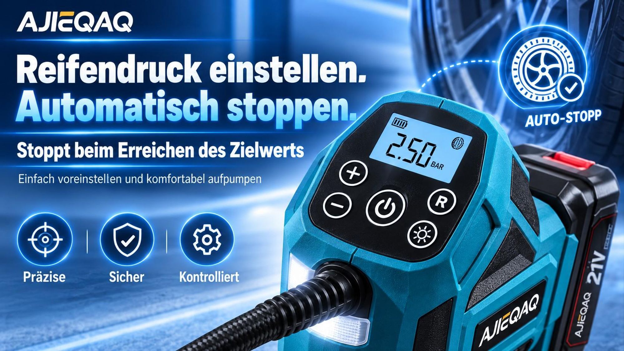 Akku-Luftkompressor 21V 4,0Ah, 150 PSI Reifenfüller mit Auto-Stopp, 12V Kfz-Anschluss, LED, SOS, für Auto, Motorrad & Fahrrad
