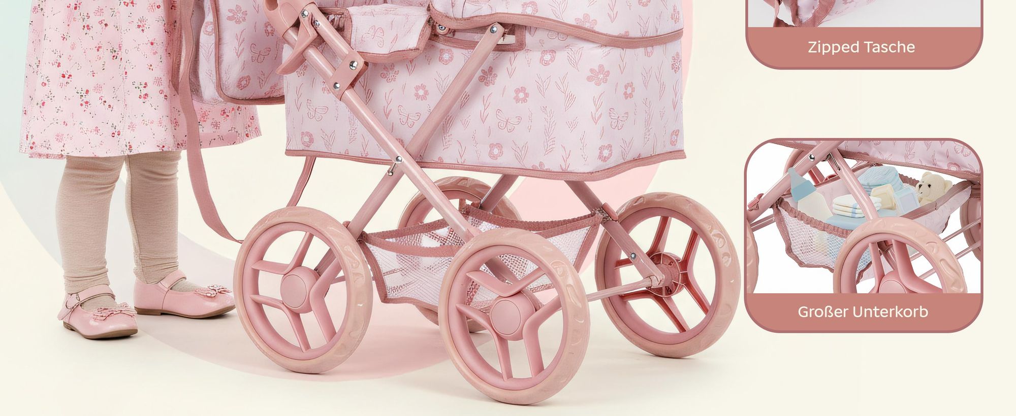 Puppenwagen mit Tasche und Klappdach – Kinderwagen für Puppen – rosa, höhenverstellbare Griffhöhe ca. 54 cm