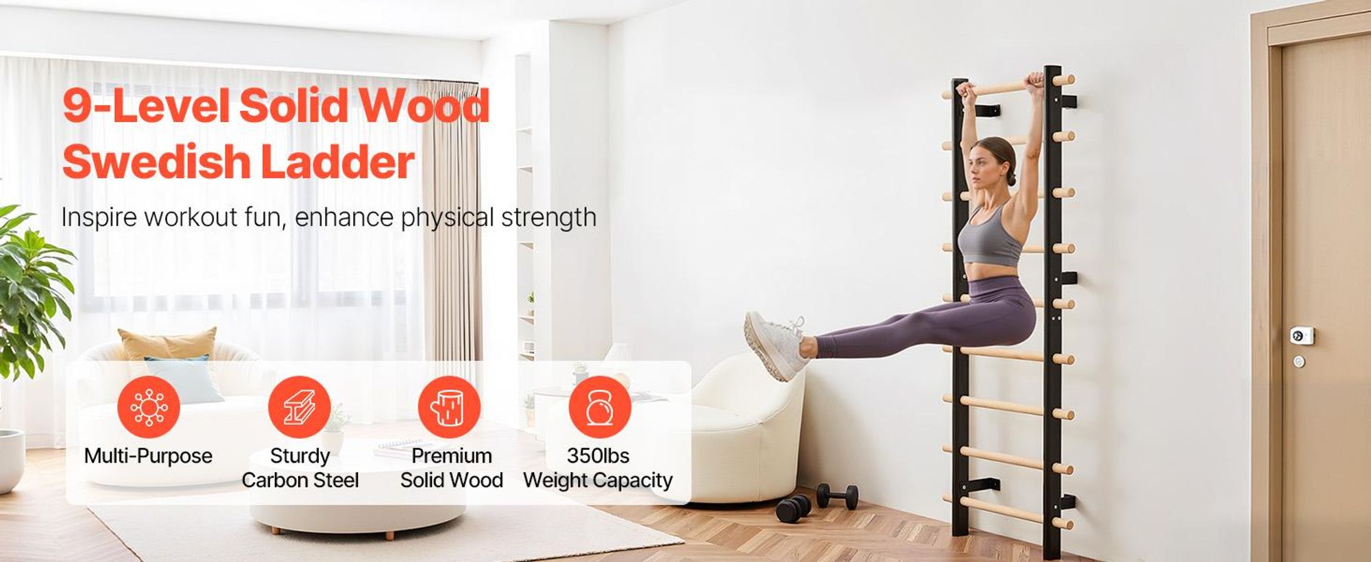 VEVOR schwedische Leiterwand 9-stufiges Kletterspielzeug Wandturnhalle aus Massivholz + Kohlenstoffstahl 150 kg belastbares Indoor-Klettergerüst mit 8 x 8 cm Power Rack-Zubehör Turnreck