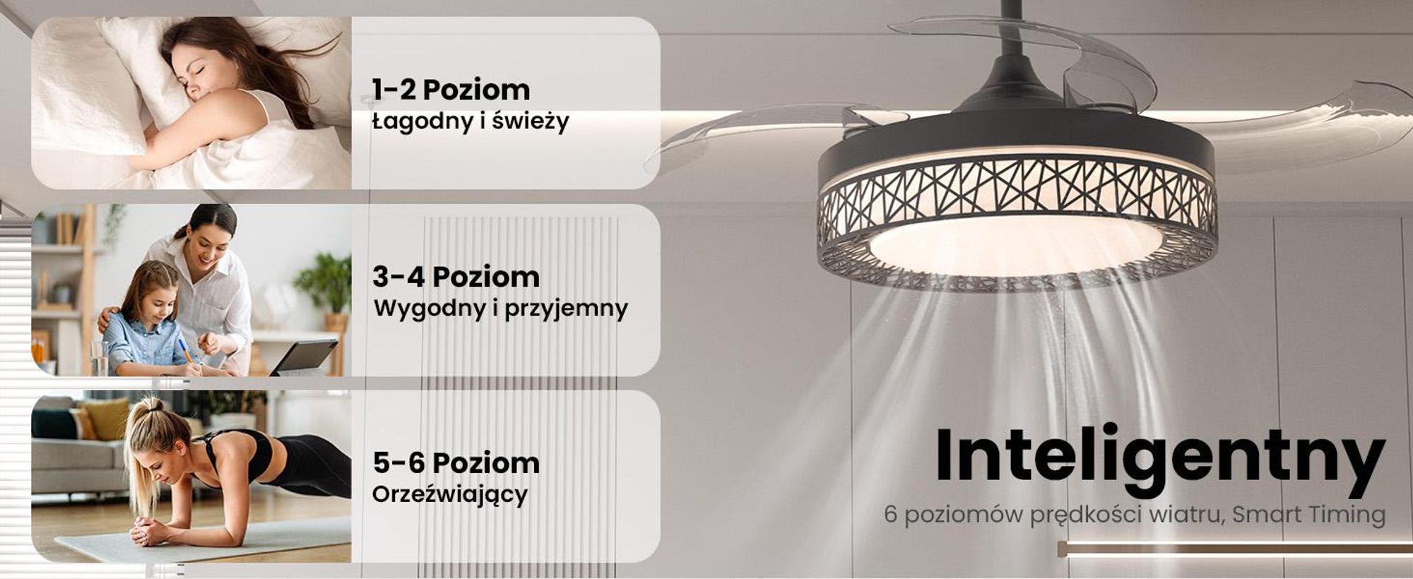 Wentylator sufitowy Heilmetz z oświetleniem, średnica 108 cm, z regulacją jasności, 6 prędkości, 3 barwy światła, z pilotem i timerem, czarny