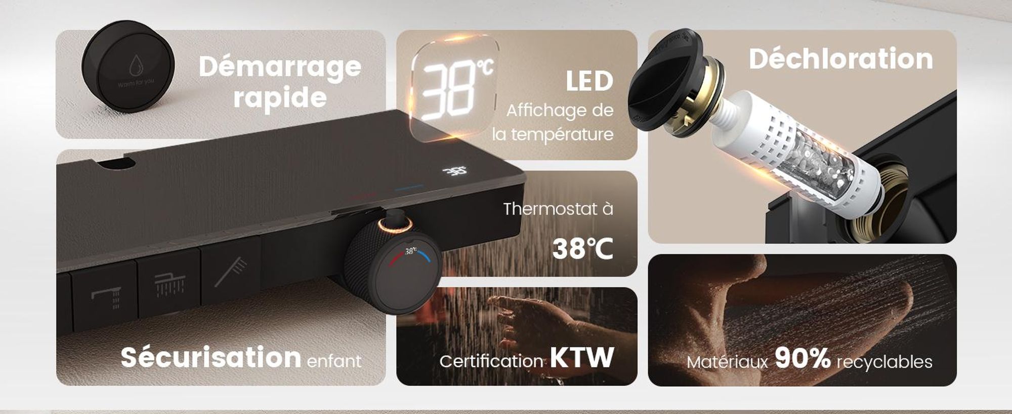 EMKE® Système de douche avec thermostat Noir avec douche pour enfants, affichage digital & filtre à chlore 4 sorties Rond Douche de pluie Familiale Colonne de douche F23