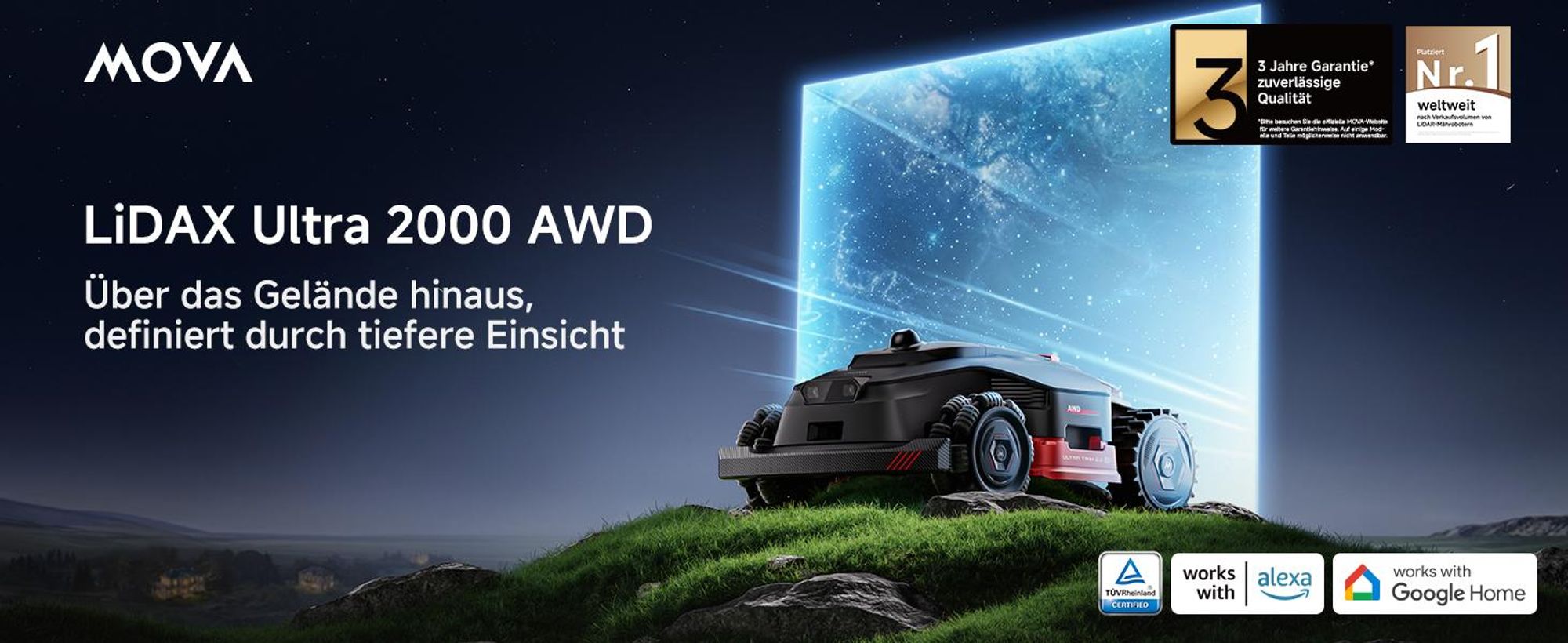 MOVA LiDAX Ultra 2000 AWD Mähroboter – 3D-LiDAR & AI Vision, 4WD Allradantrieb, bis 2000 m², 80 % Steigung, automatische Kartierung ohne RTK