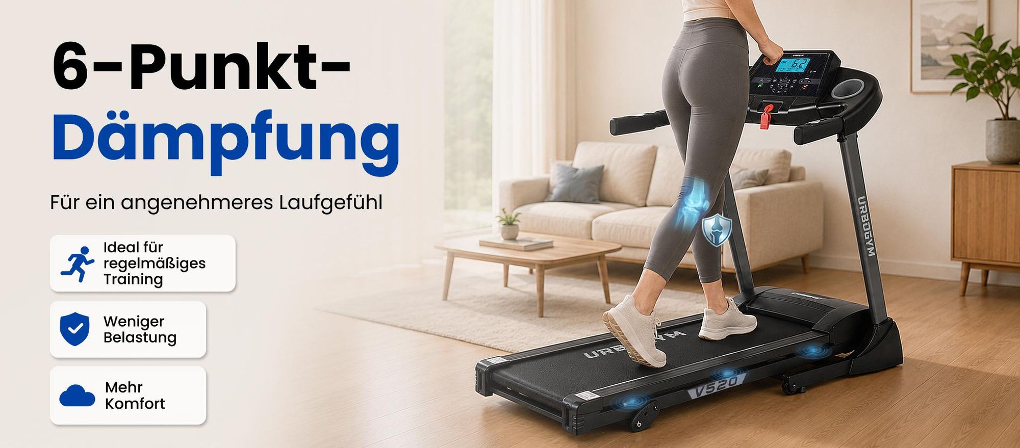 URBOGYM V520 Laufband klappbar bis 15 km/h, 1,5 PS, 12 Programme, 3 Steigungsstufen, Bluetooth, bis 130 kg