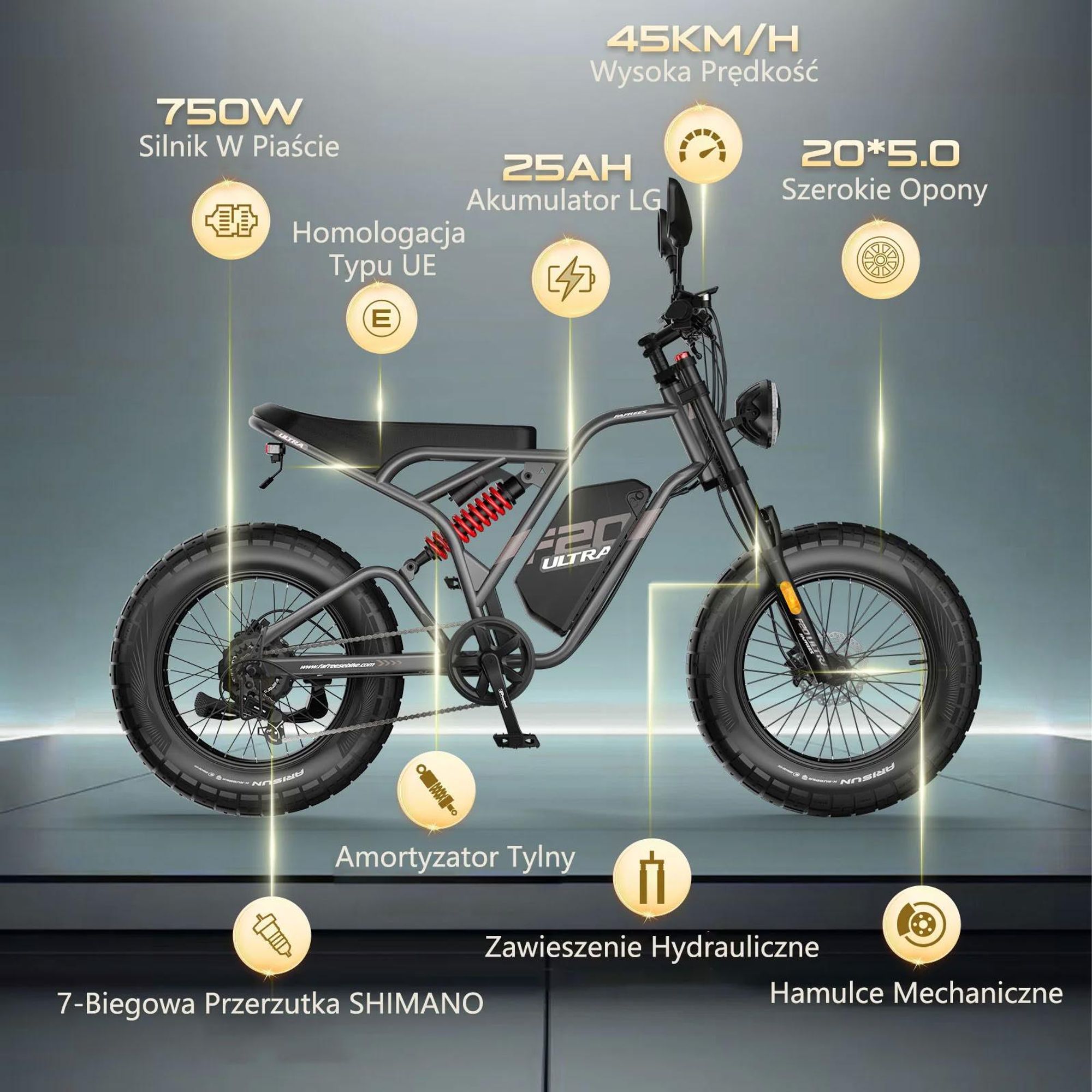FAFREES F20 Ultra Rower Elektryczny (Homologacja typu UE L1e-B) - 48V25AH 20-Calowe Opony Hamulce mechaniczne - Zielony