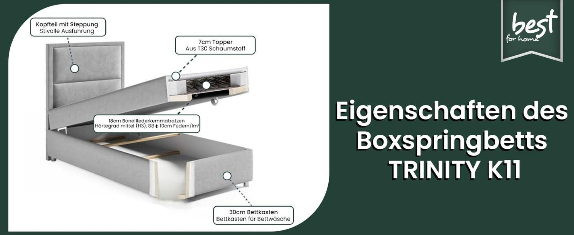 Best for Home Boxspringbett mit Bettkasten Trinity K11-SINGLE 70x200 Bonellfederkern inkl. Topper - Beige