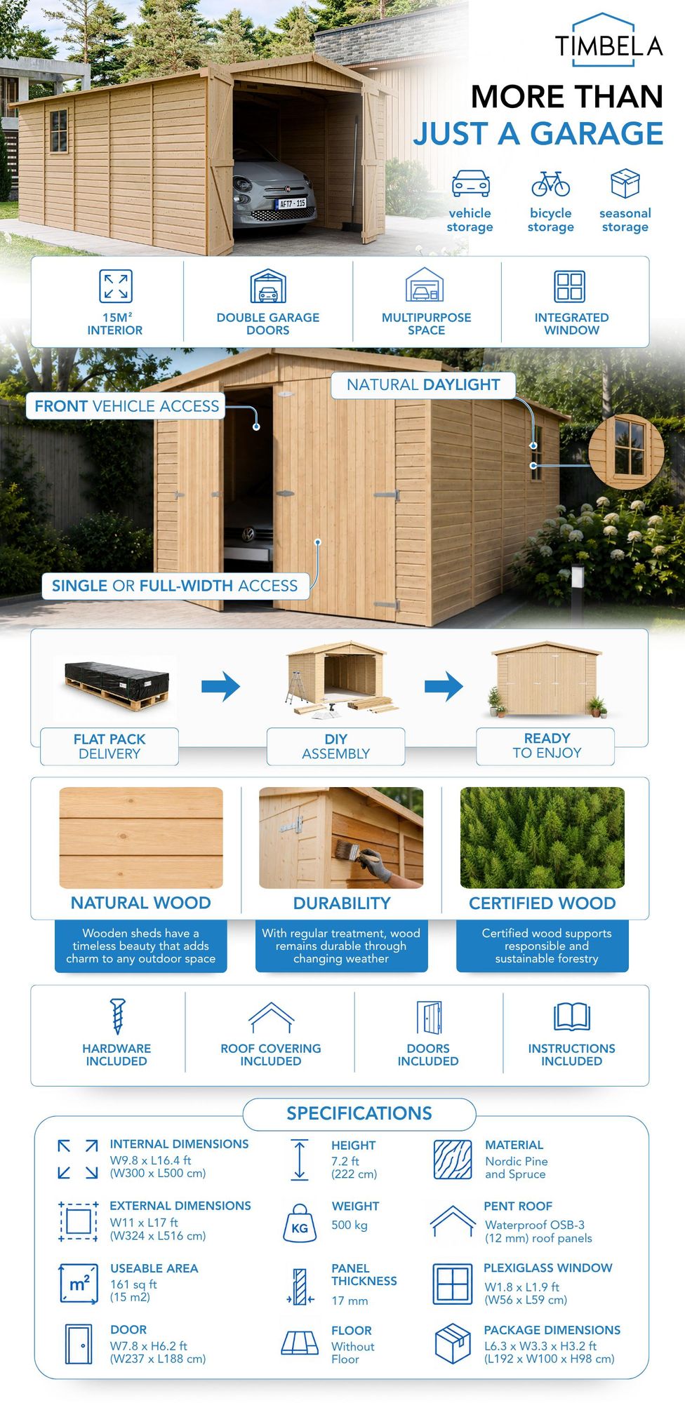 Drevená garáž 15 m² - Sklad s oknami - V222xL516xŠ324 cm - Konštrukcia z prírodných drevených panelov - Záhradná dielňa - Prístrešok na auto a náradie -TIMBELA M101