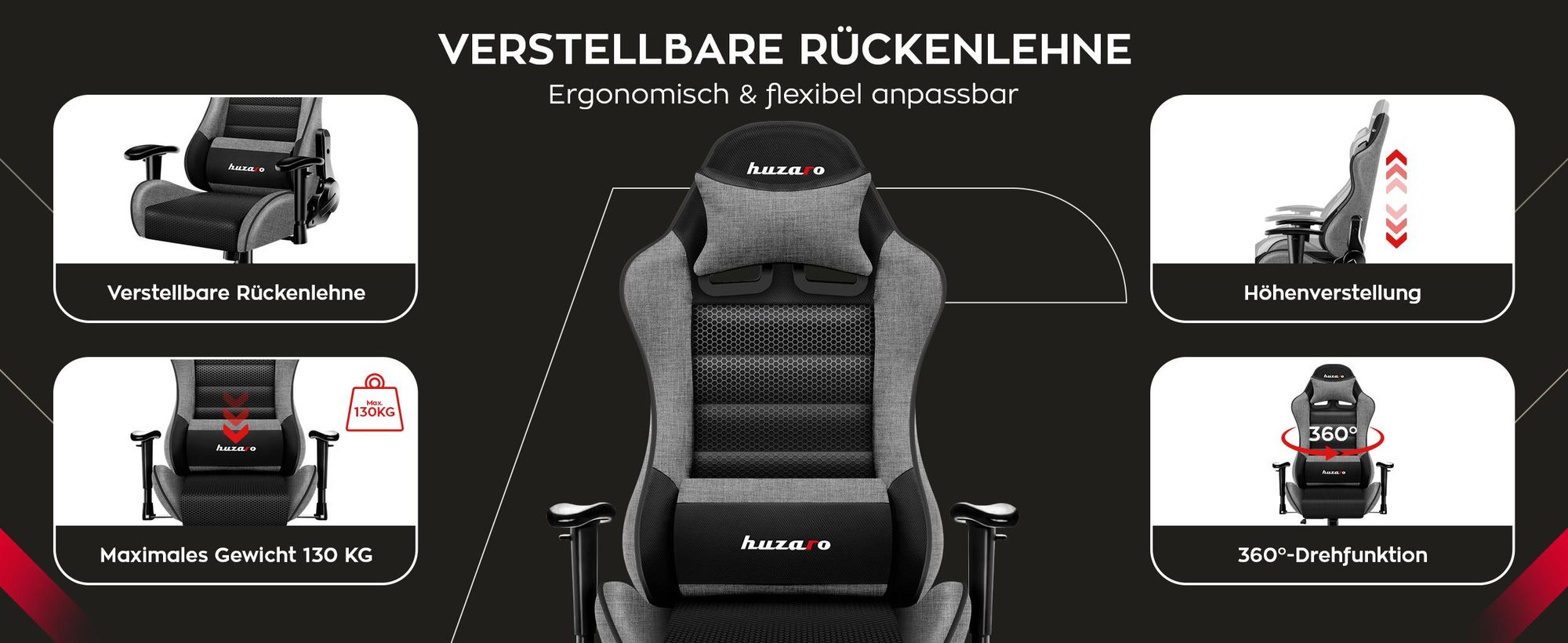 Huzaro Kinder Schreibtischstuhl Ranger 6.0 Gaming Stuhl Racing Sessel Bürostuhl Drehstuhl Gamer bis 130 kg mesh Grau