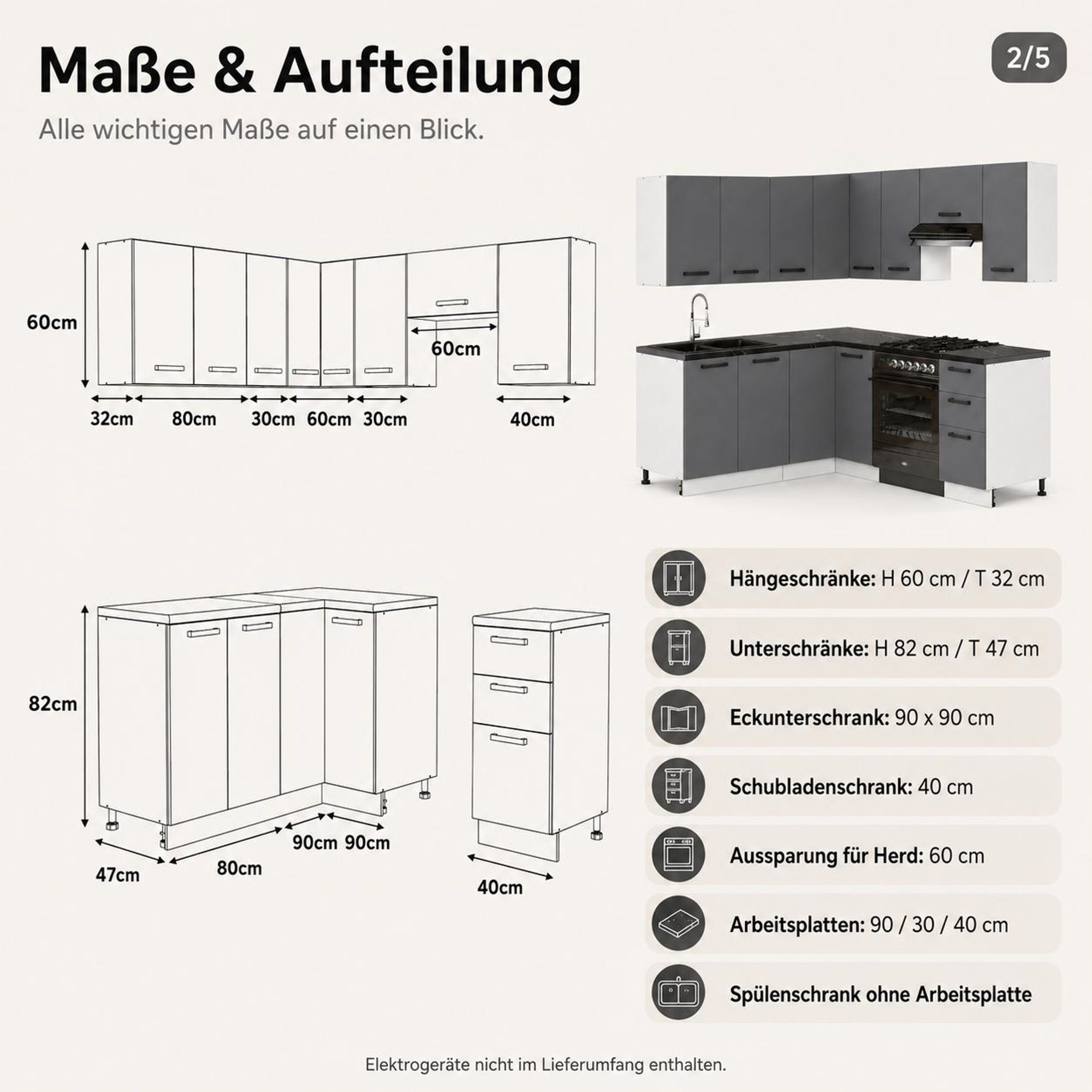 Maße der Eckküche: Hängeschränke 60 cm, Unterschränke 82 cm und Arbeitsplatten 90/30/40 cm.