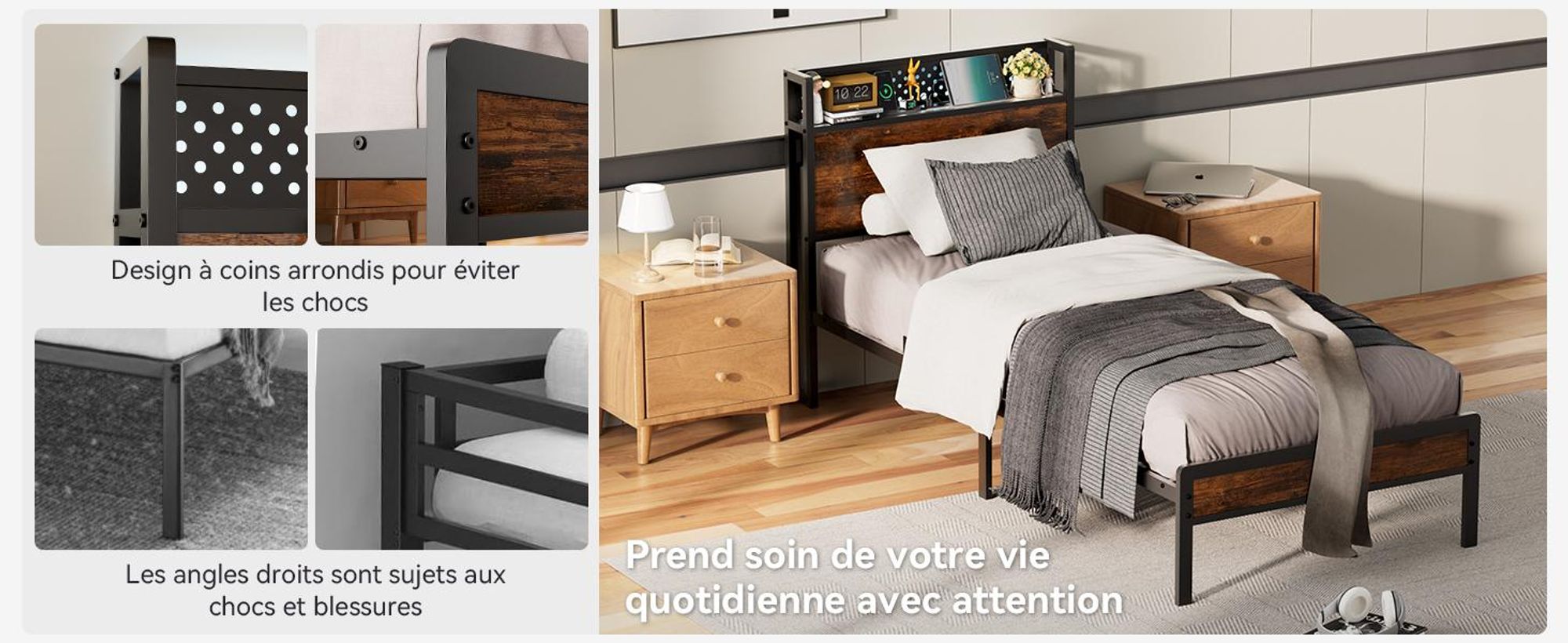 Lit 90 x 200 cm, sommier avec tête de lit à rangement et éclairage LED, 3 ports USB et 1 port Type-C, 14 rangées de lattes métalliques, espace de rangement sous le lit, marron