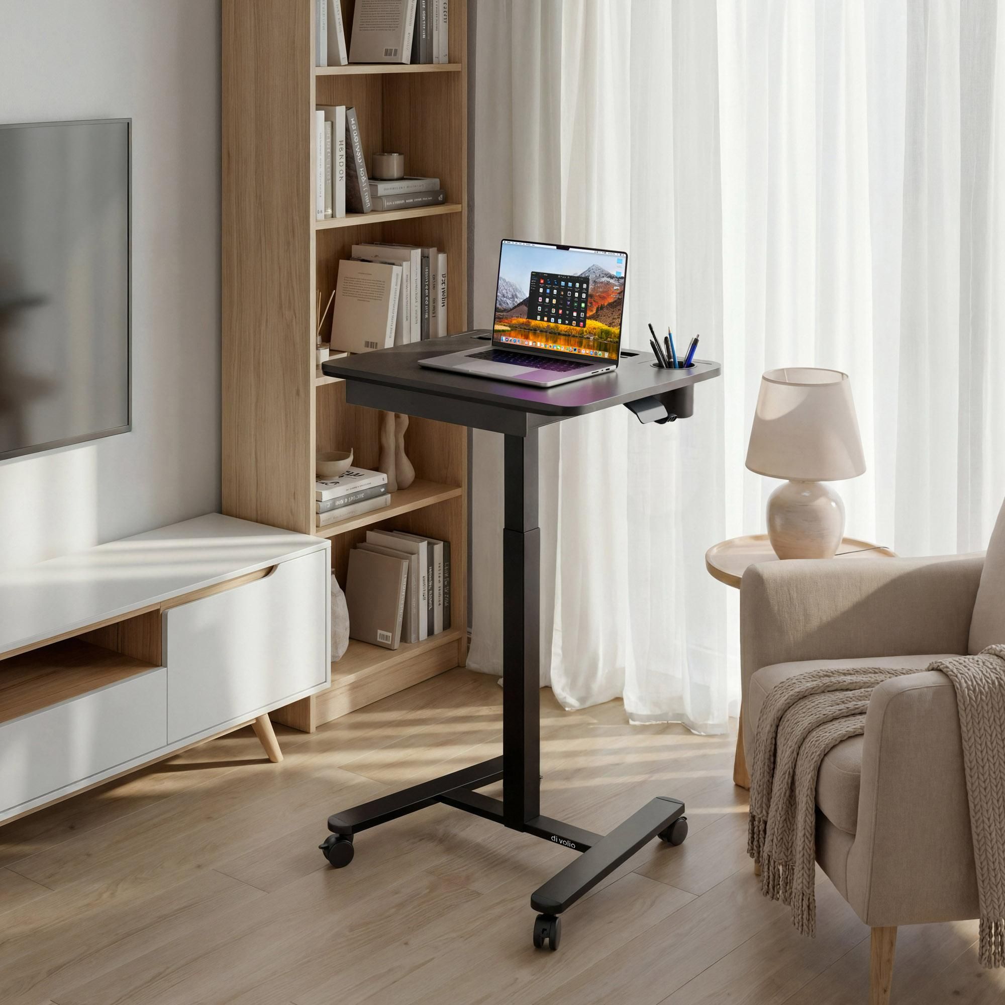 di volio Mobiler Schreibtisch DOZIA höhenverstellbar mit Gasfeder, kleiner Walking Pad Tisch mit Rollen, Computertisch mit Tabletfach & Getränkehalter (schwarz)